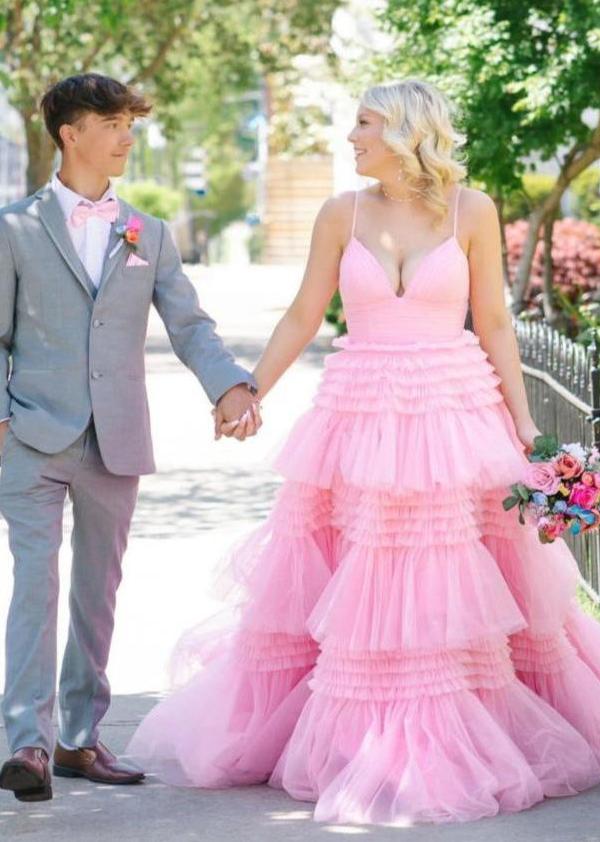 Amanda| A-Line Spaghetti Straps Long Tiered Tulle Prom Dress With Split