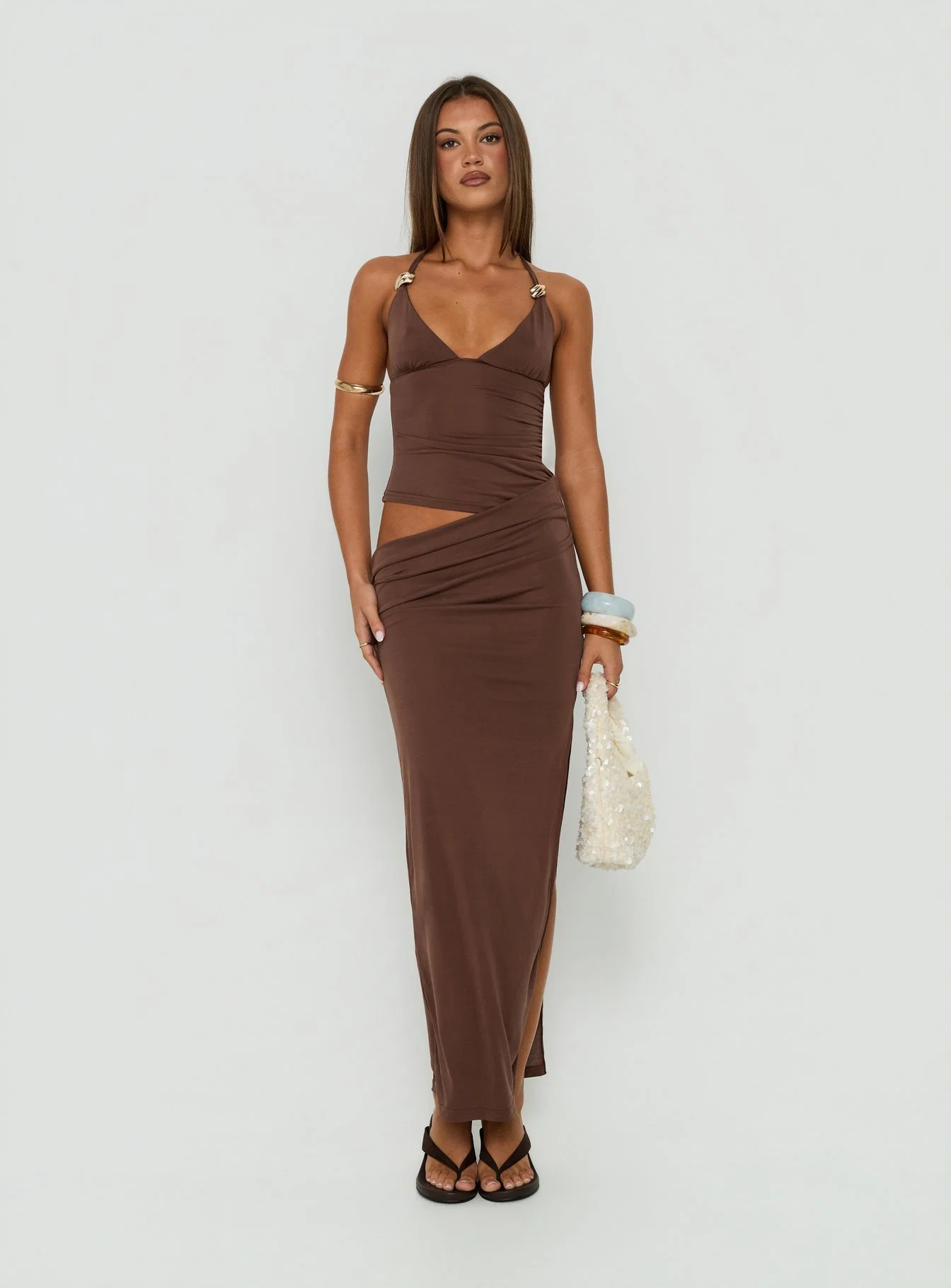 Imeraldia Hardware Halter Maxi Dress Chocolate
