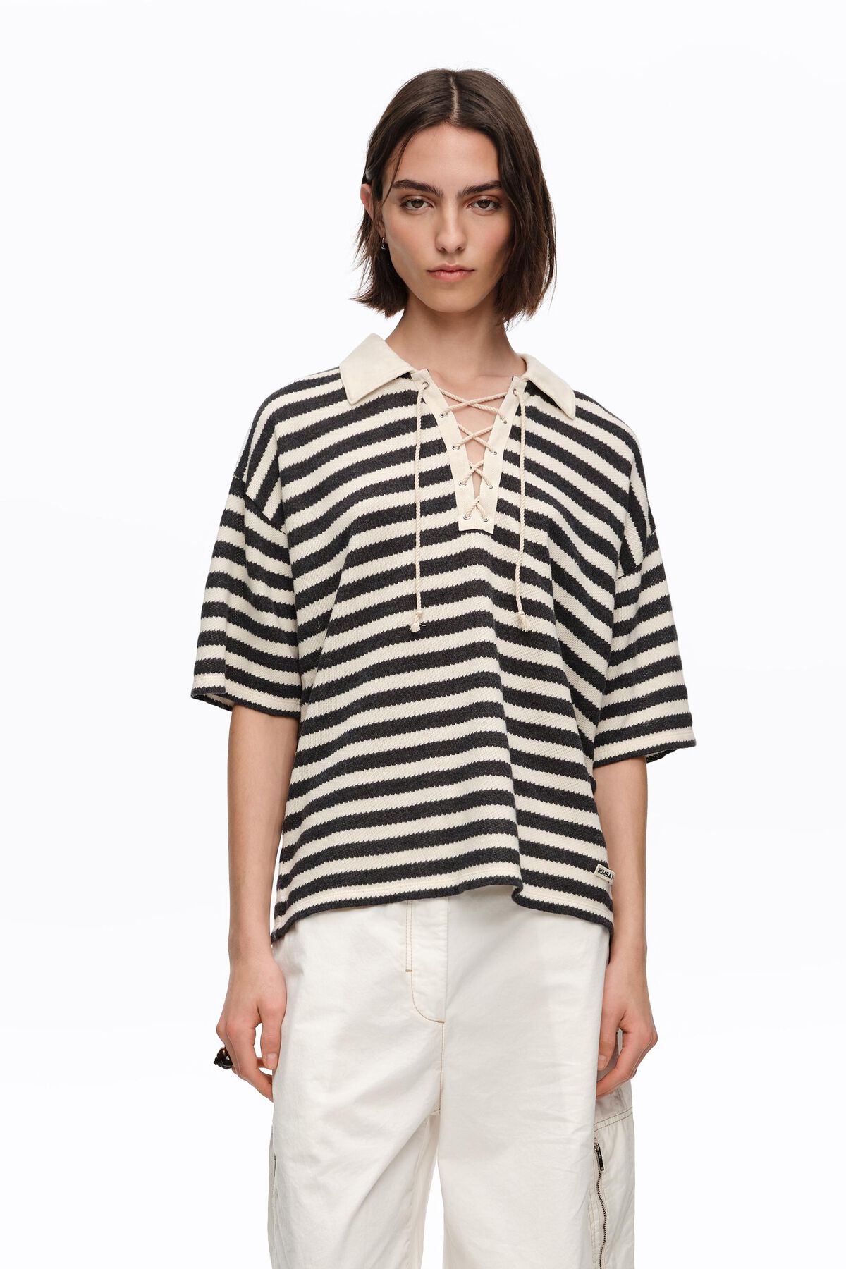 Black striped T-shirt with adjustable polo shirt collar