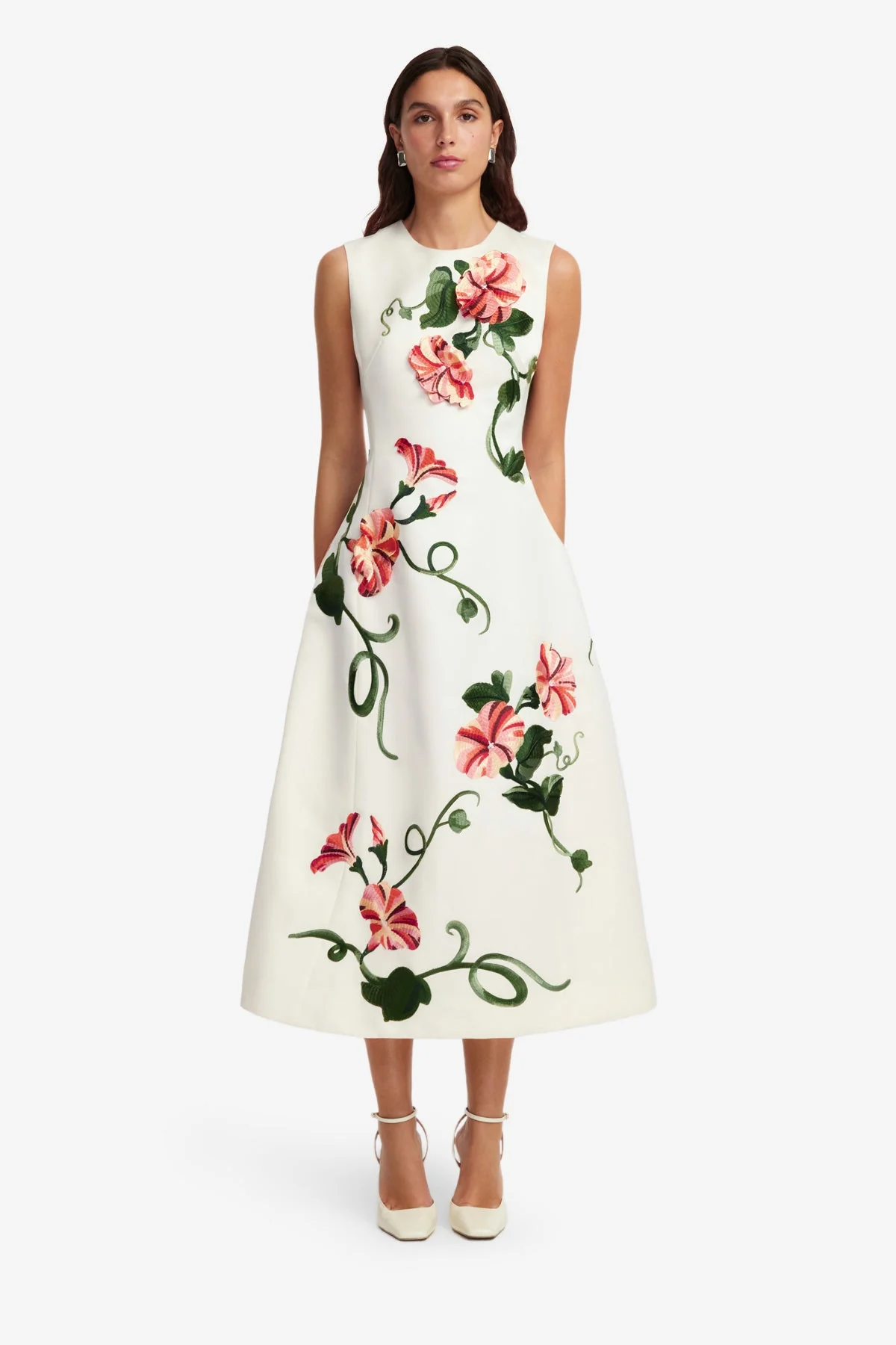 Cleo Appliqué Sleeveless Midi Dress - Vine Print in Snow