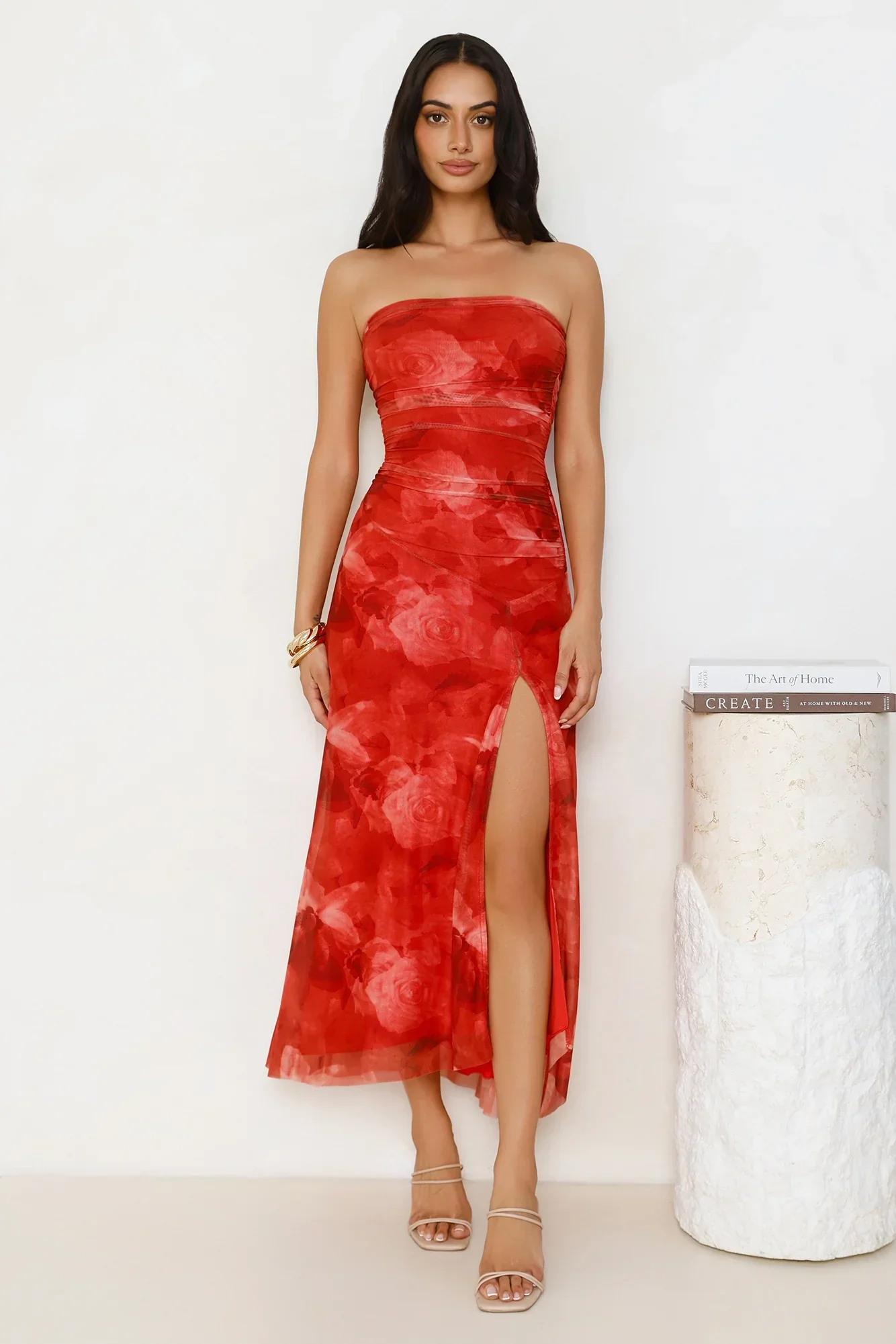 Dollhouse Daze Strapless Mesh Maxi Dress Red