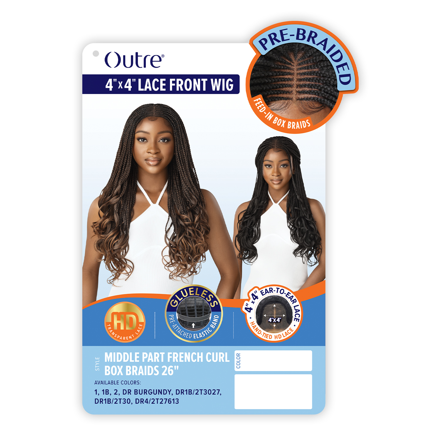 Outre HD Pre-Braided HD Lace Front Wig 4X4 Middle Part French Curl Box Braids 26