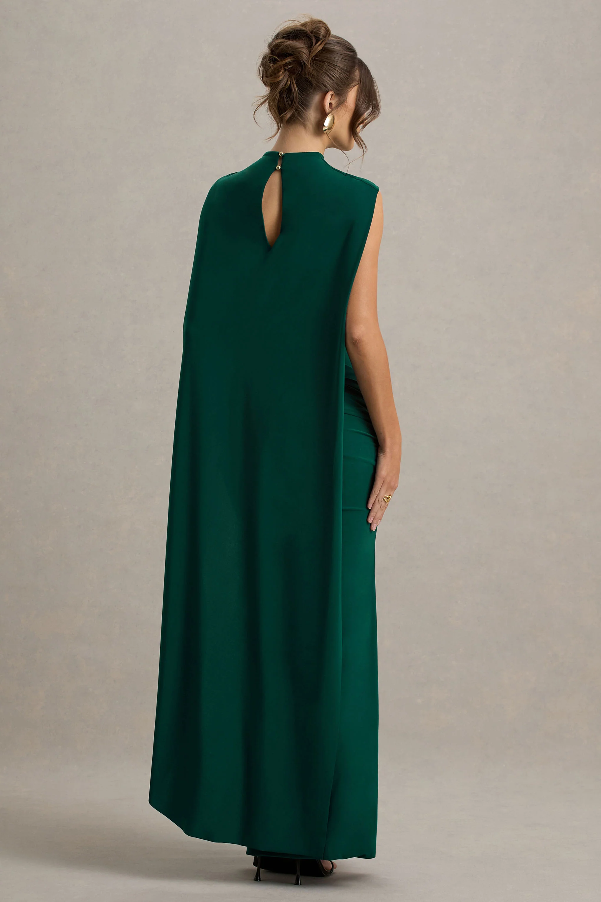 Maeve | Bottle Green Cape-Sleeve Draped Maxi Dress