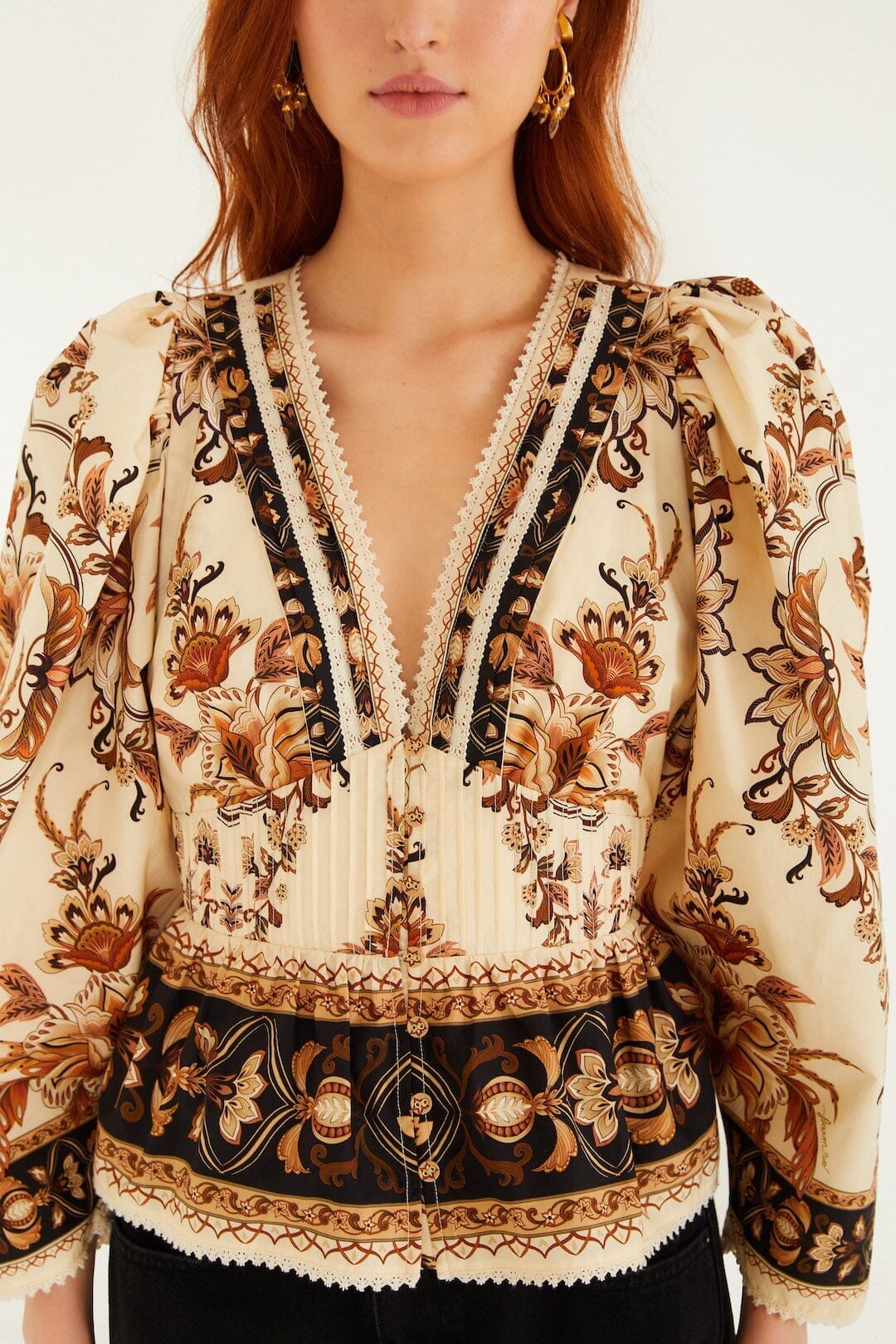 Sand Majestic Garden Lace Puff Sleeve  Blouse