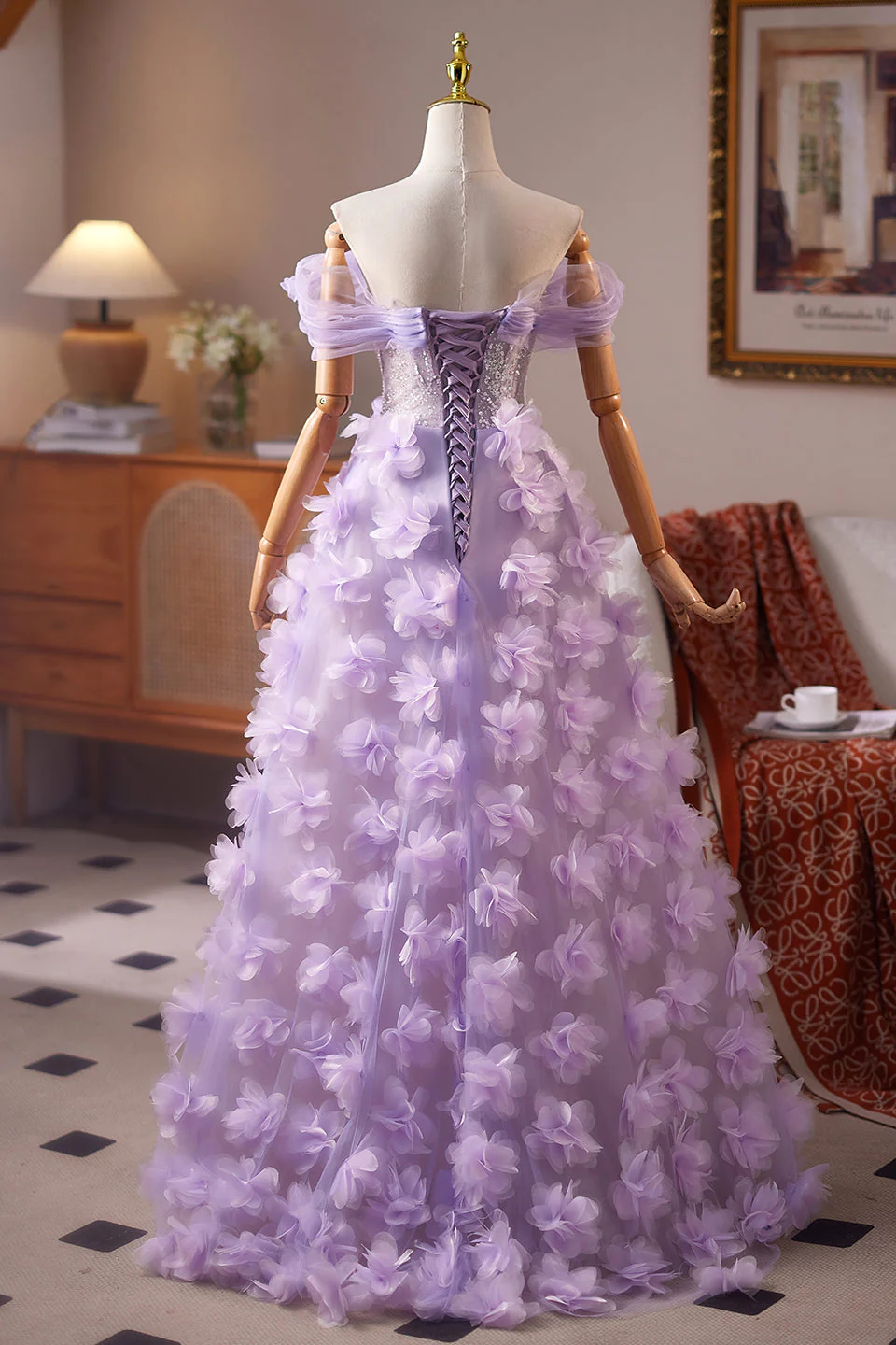 Off the Shoulder Lilac Floral Long Dress with Sequin