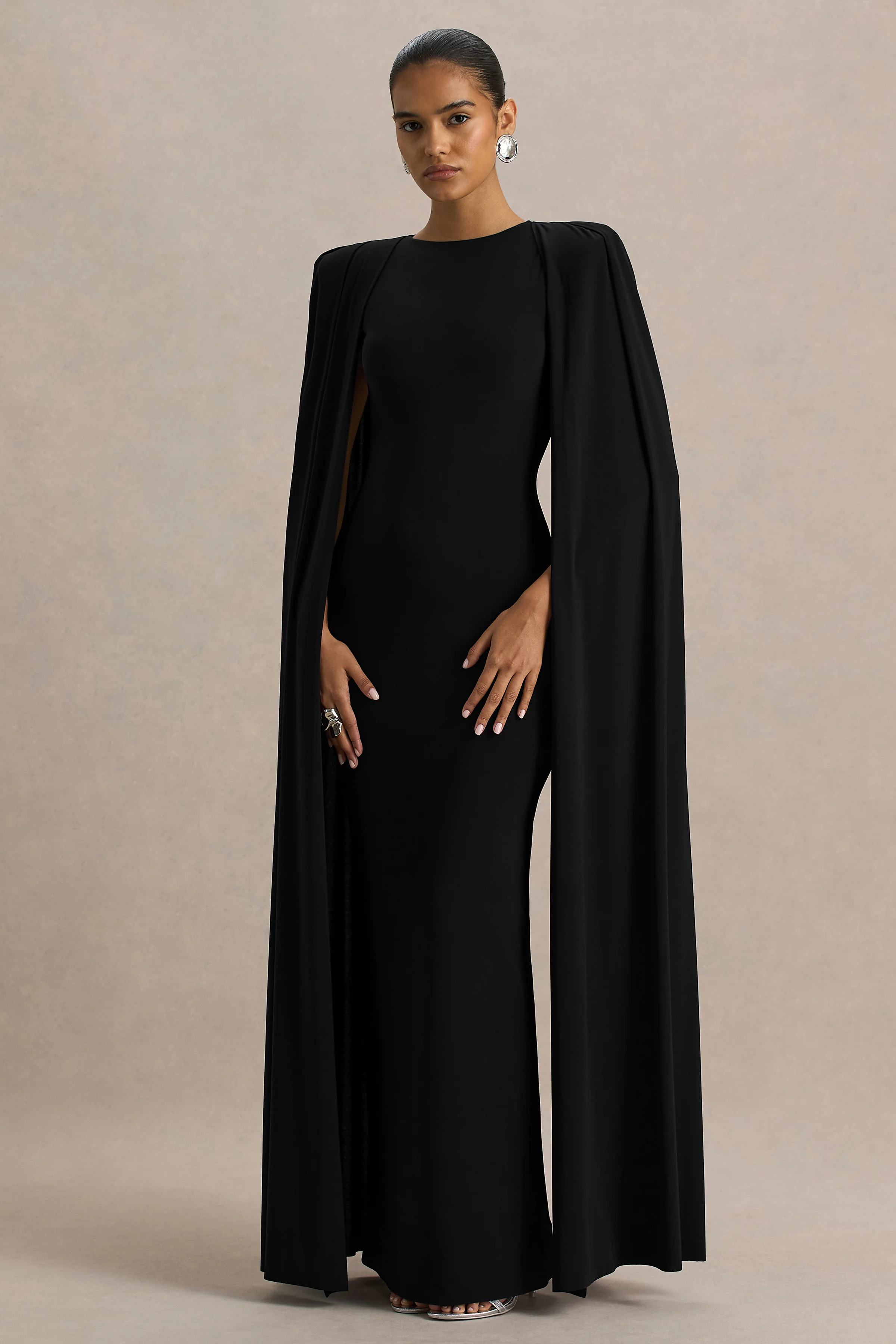 Mimi | Black Jersey Round Neck Long Sleeve Maxi Dress With Cape