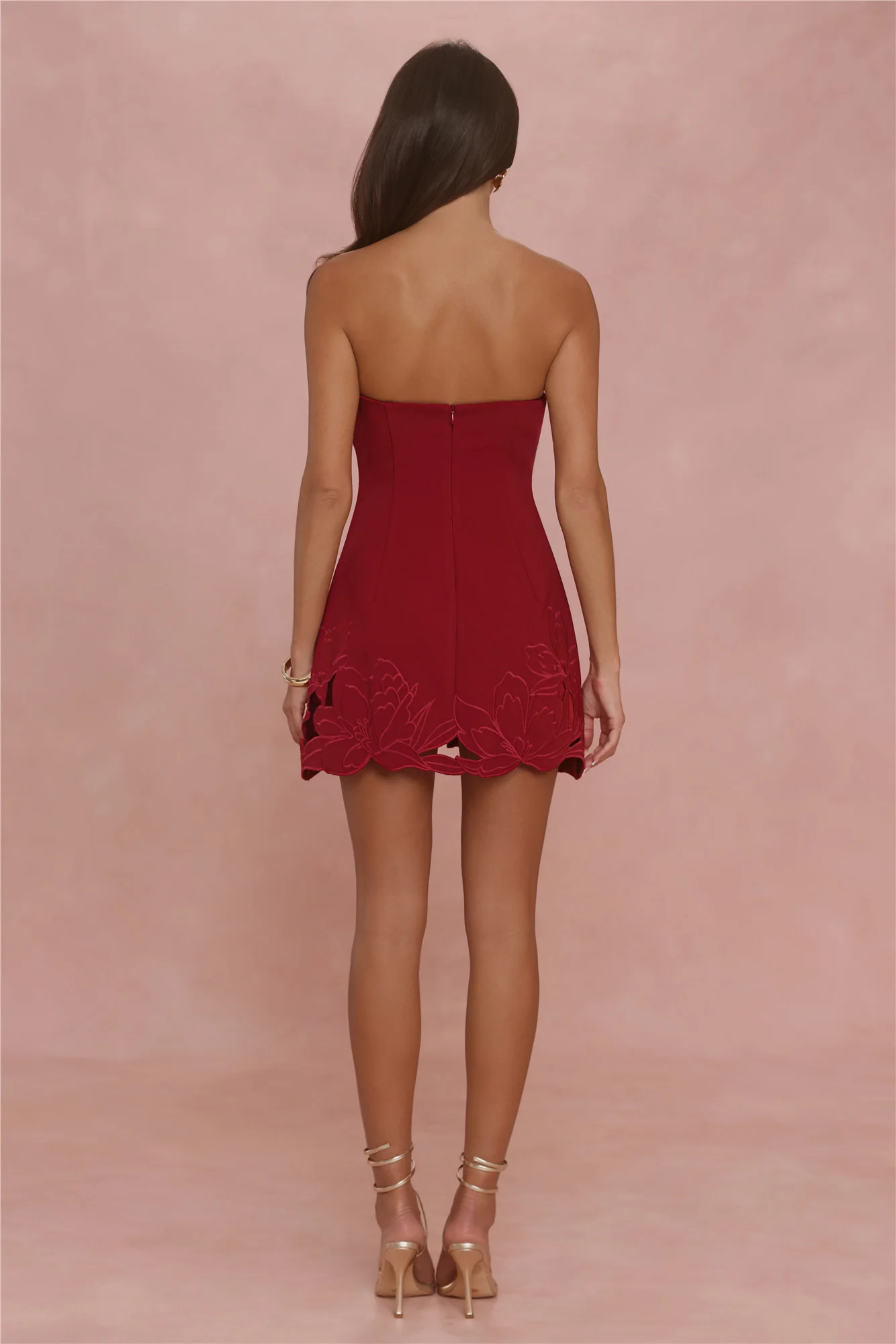 Style Expression Strapless Embroidered Mini Dress Deep Cherry Red