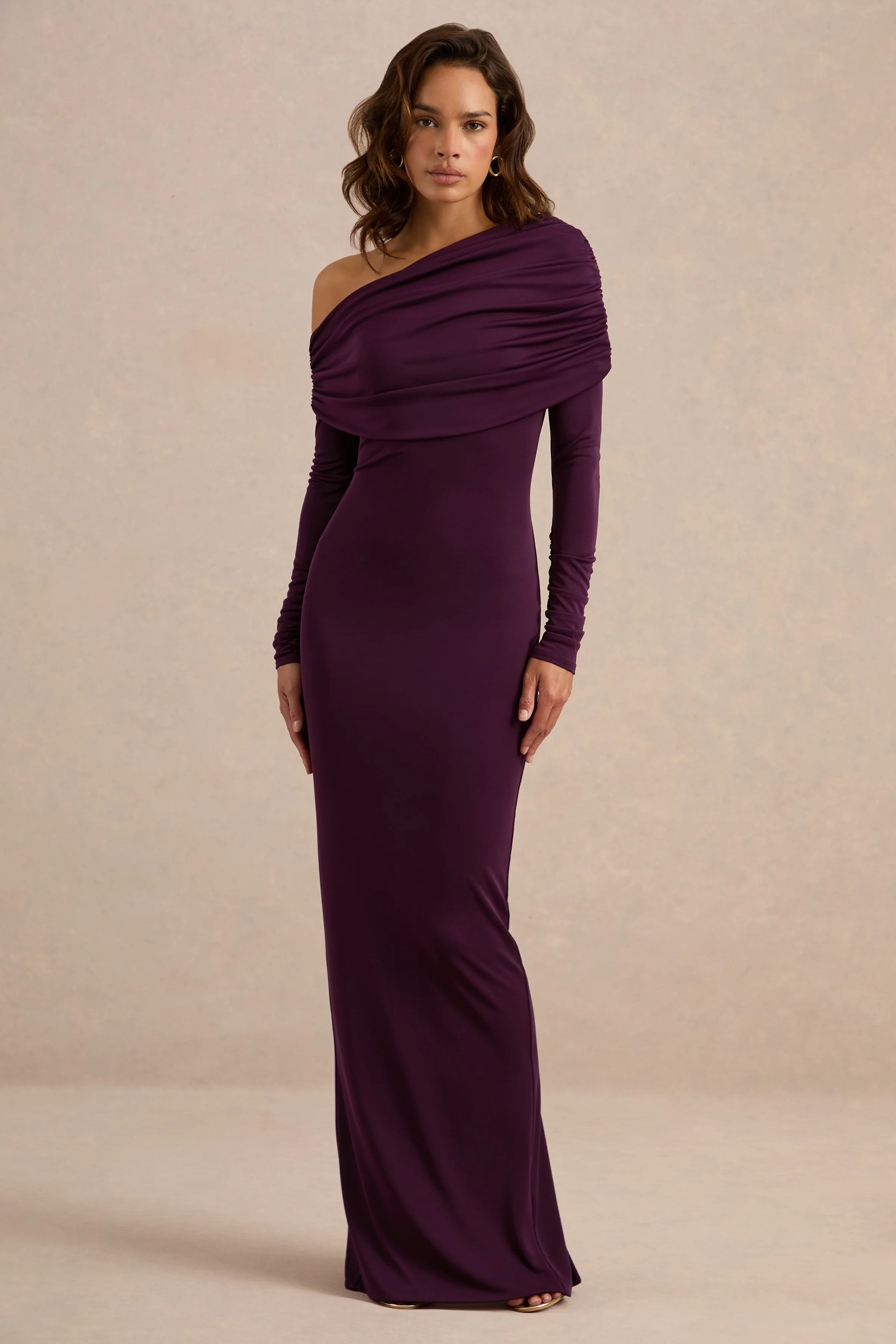 Eulalie | Purple One Shoulder Long Sleeve Maxi Dress With Ruching