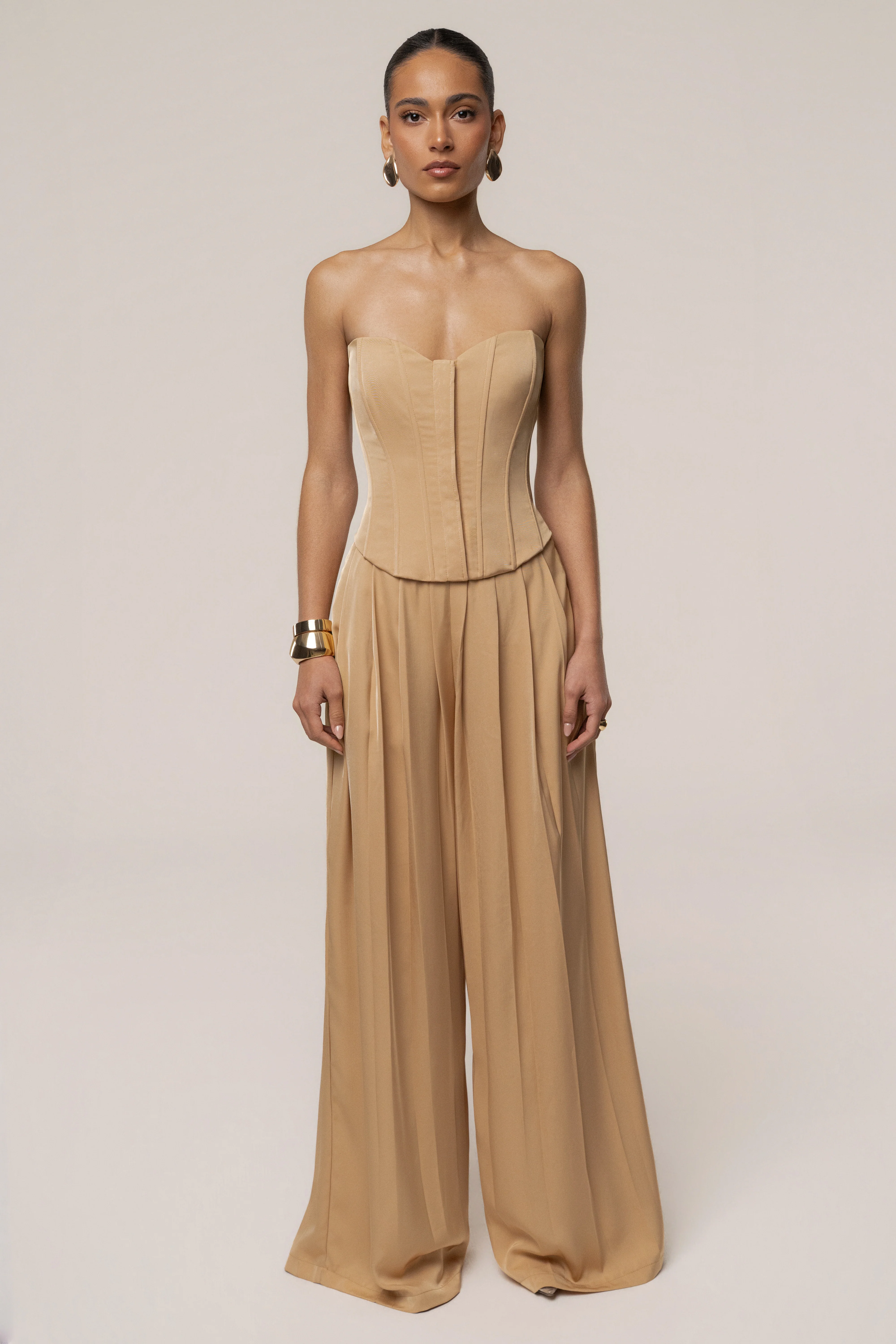 Beige Clara Wide Leg Pleated Trousers
