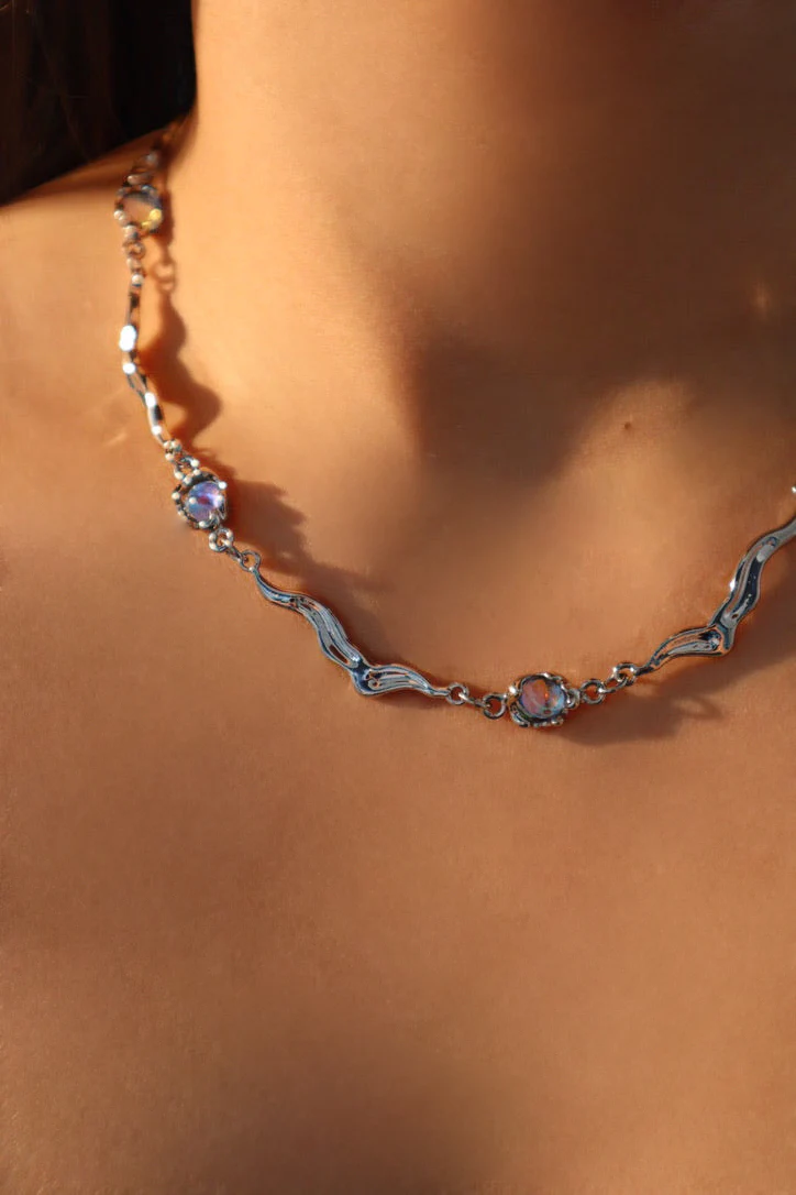 Palladium White Gold Plated Multi Moonstones Wave Necklace