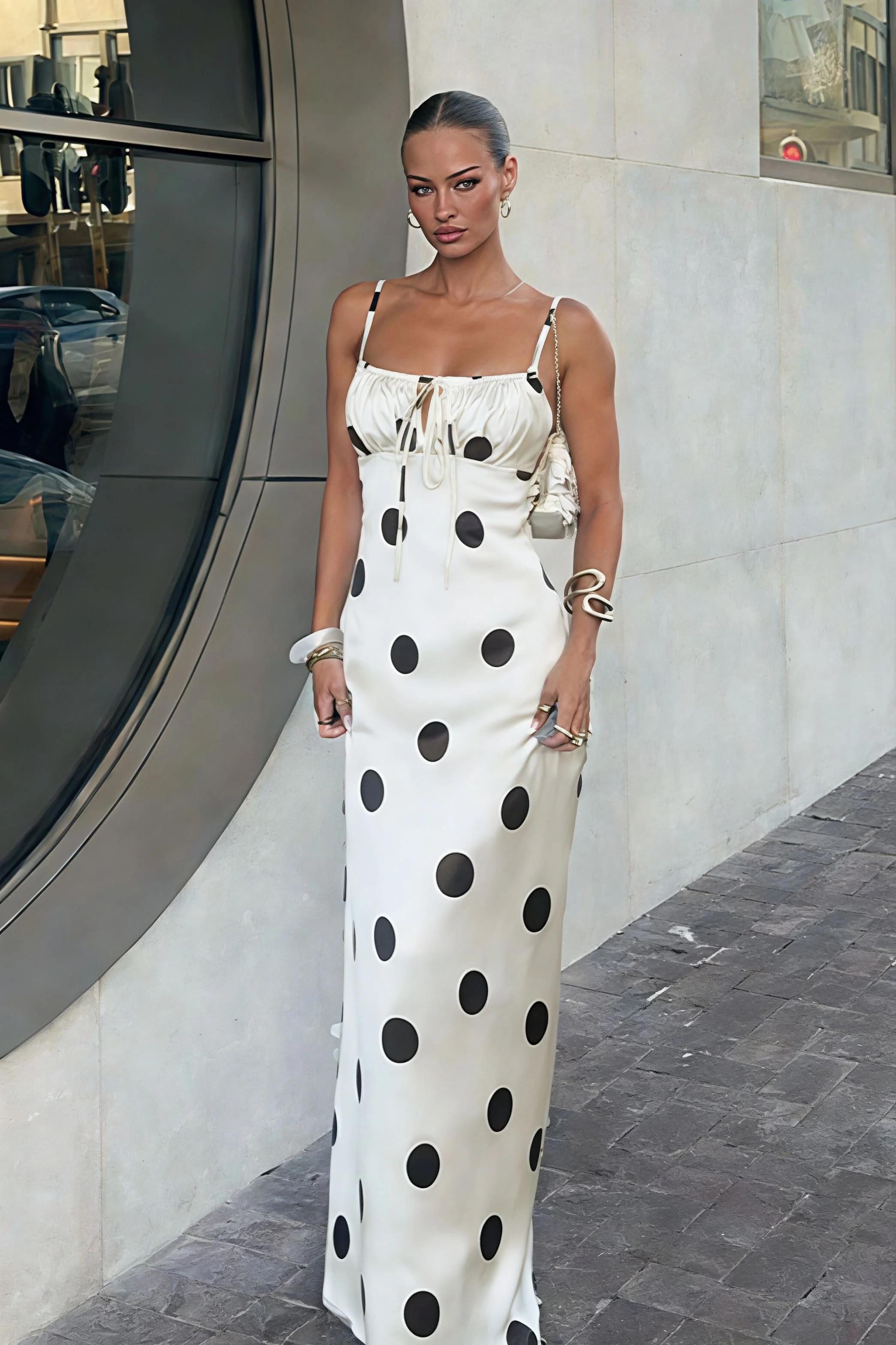 Silk Satin Polka Dot Spaghetti Strap Maxi Dress
