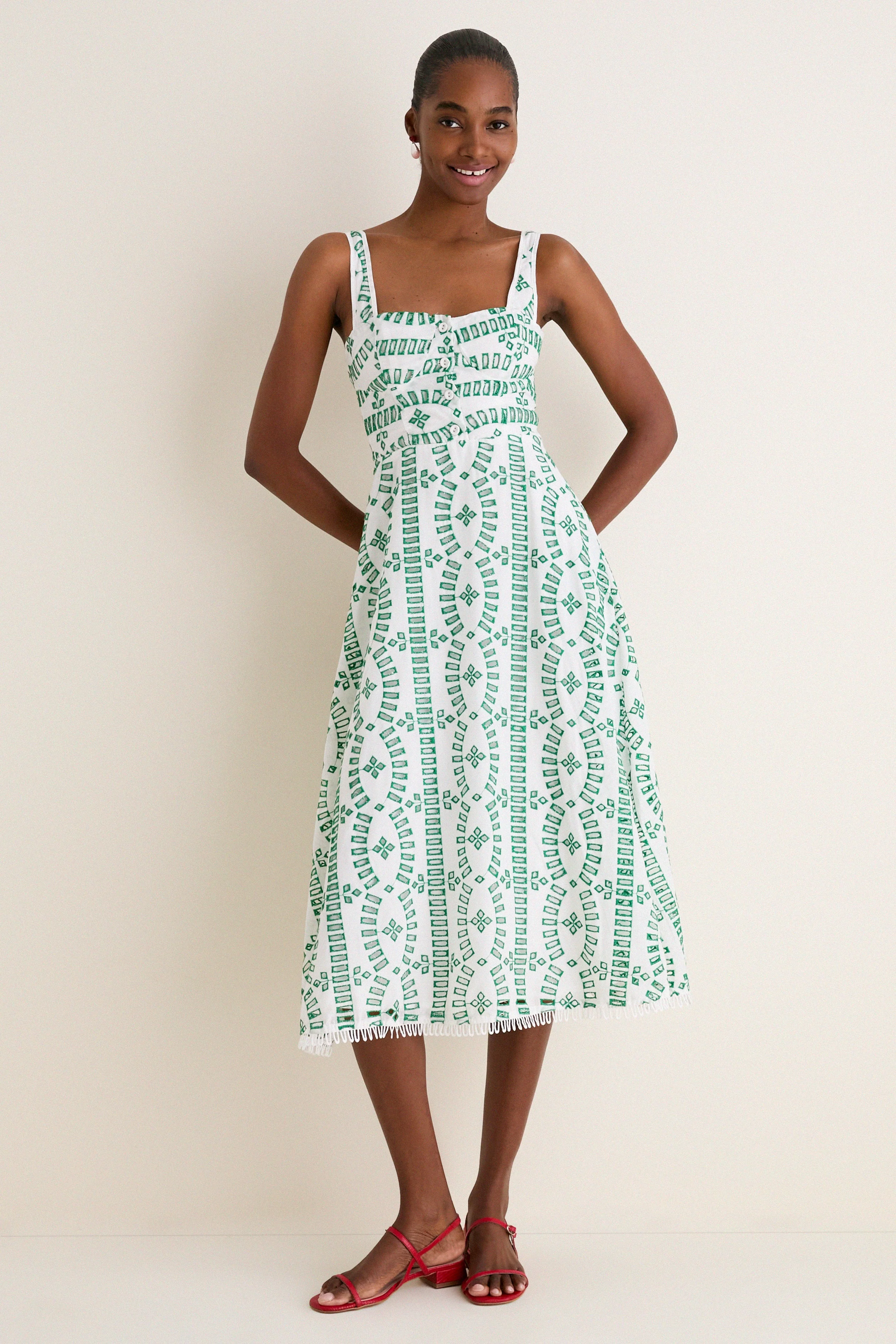 Green Multi Embroidered Detail Midi Dress