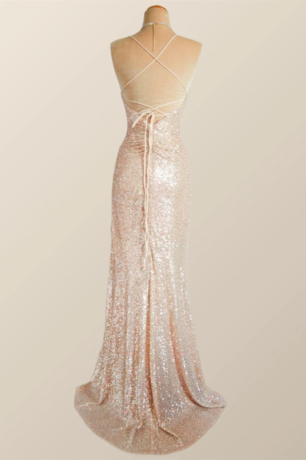 Straps Champagne Sequin Mermaid Long Dress with Slit