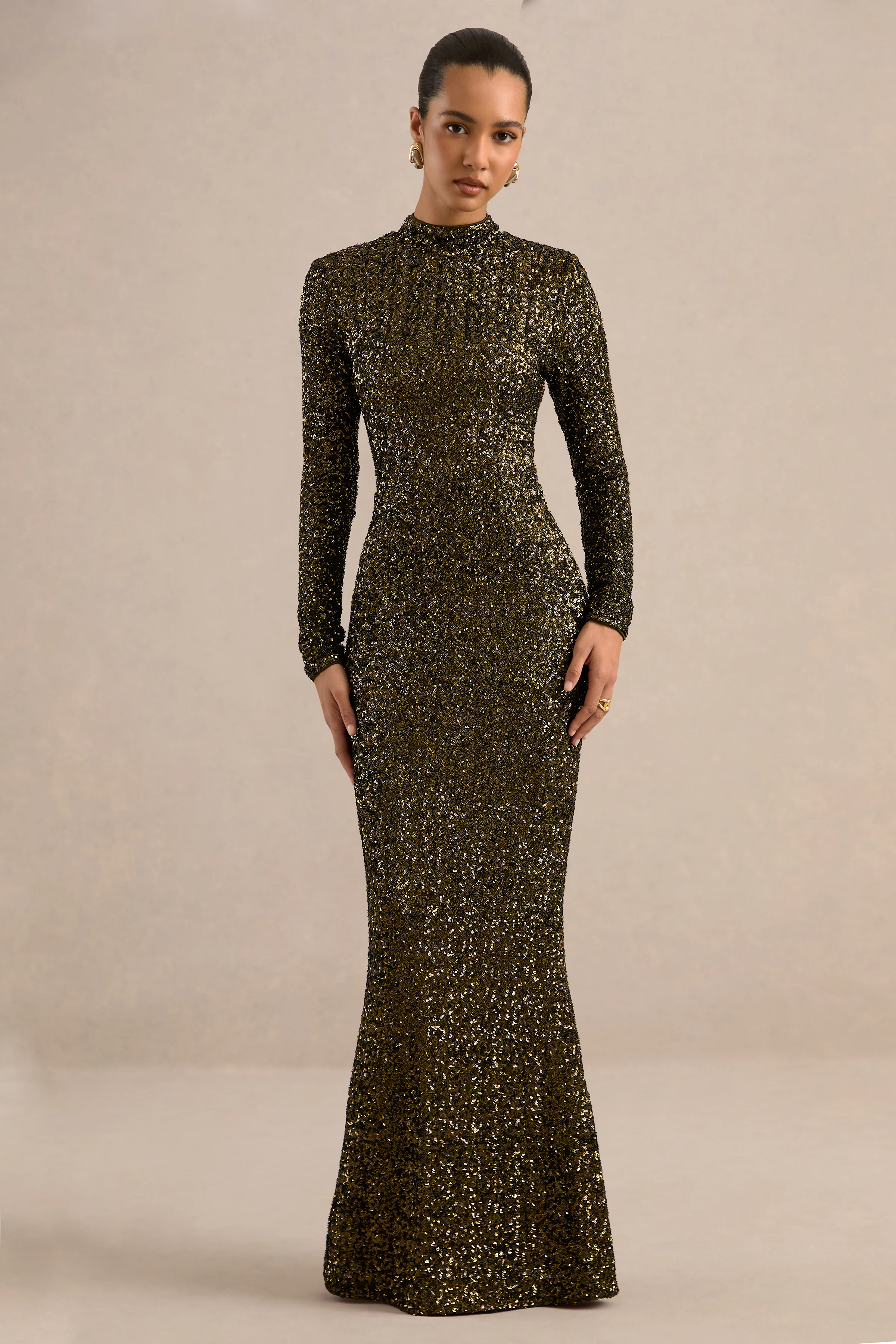 Galaxy | Khaki Sequin High Neck Long Sleeve Maxi Dress