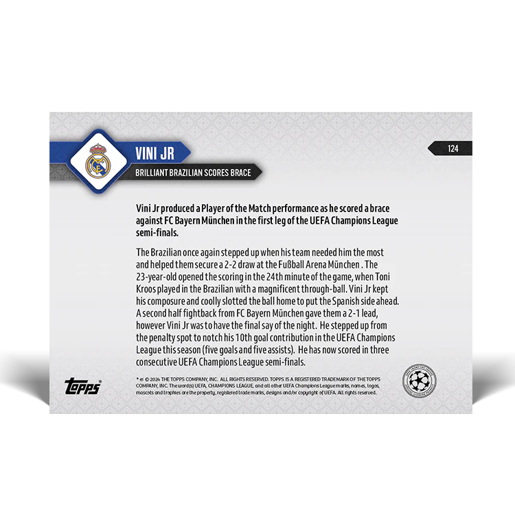 Vini Jr - Brilliant Brazilian scores Brace - 23/24 UCL TOPPS NOW® Card 124