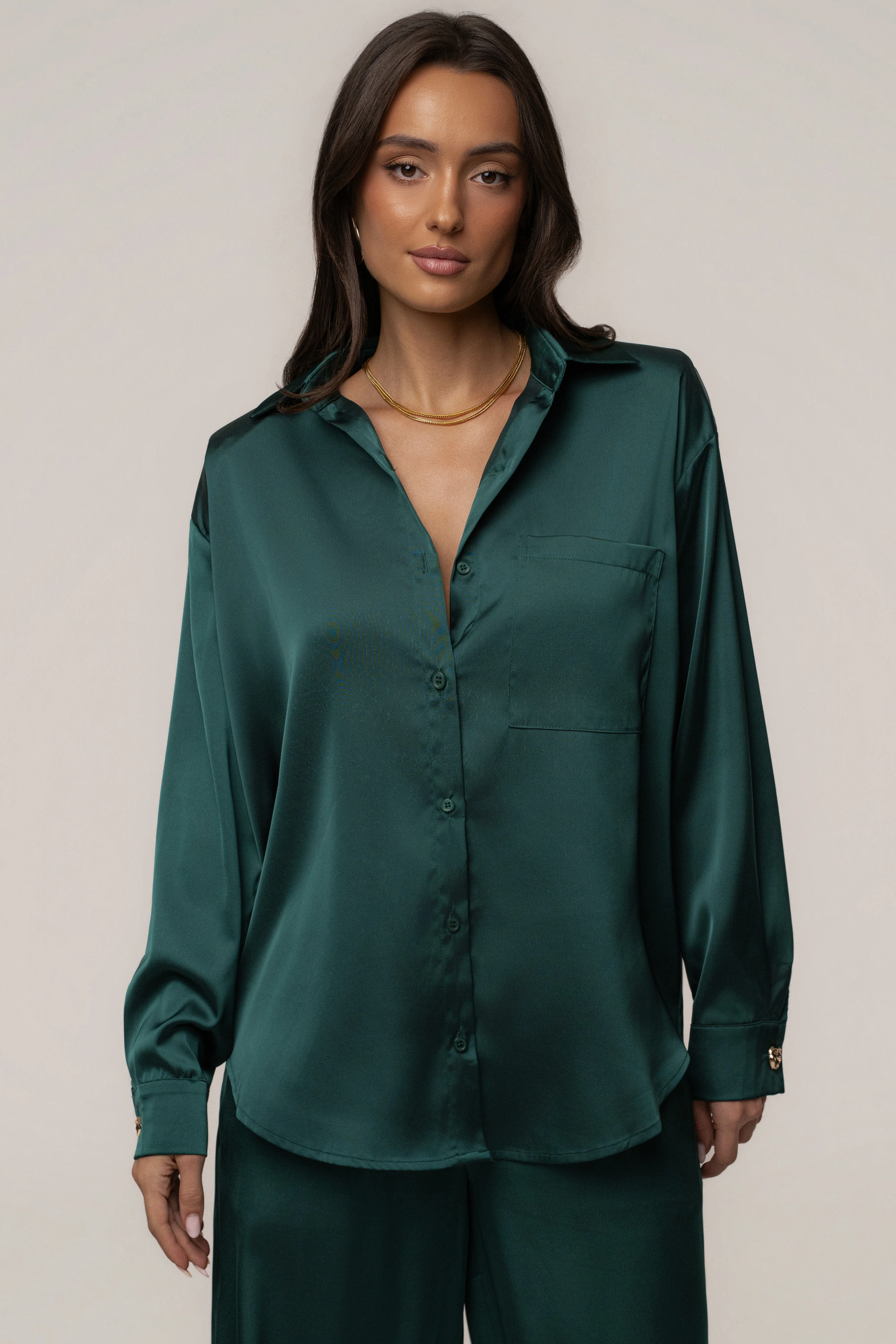 Emerald Island Ease Collared Satin Top