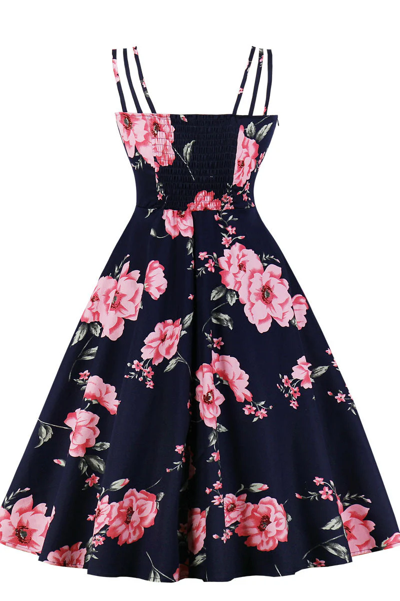 Navy Blue and Pink Floarl Swing Dress