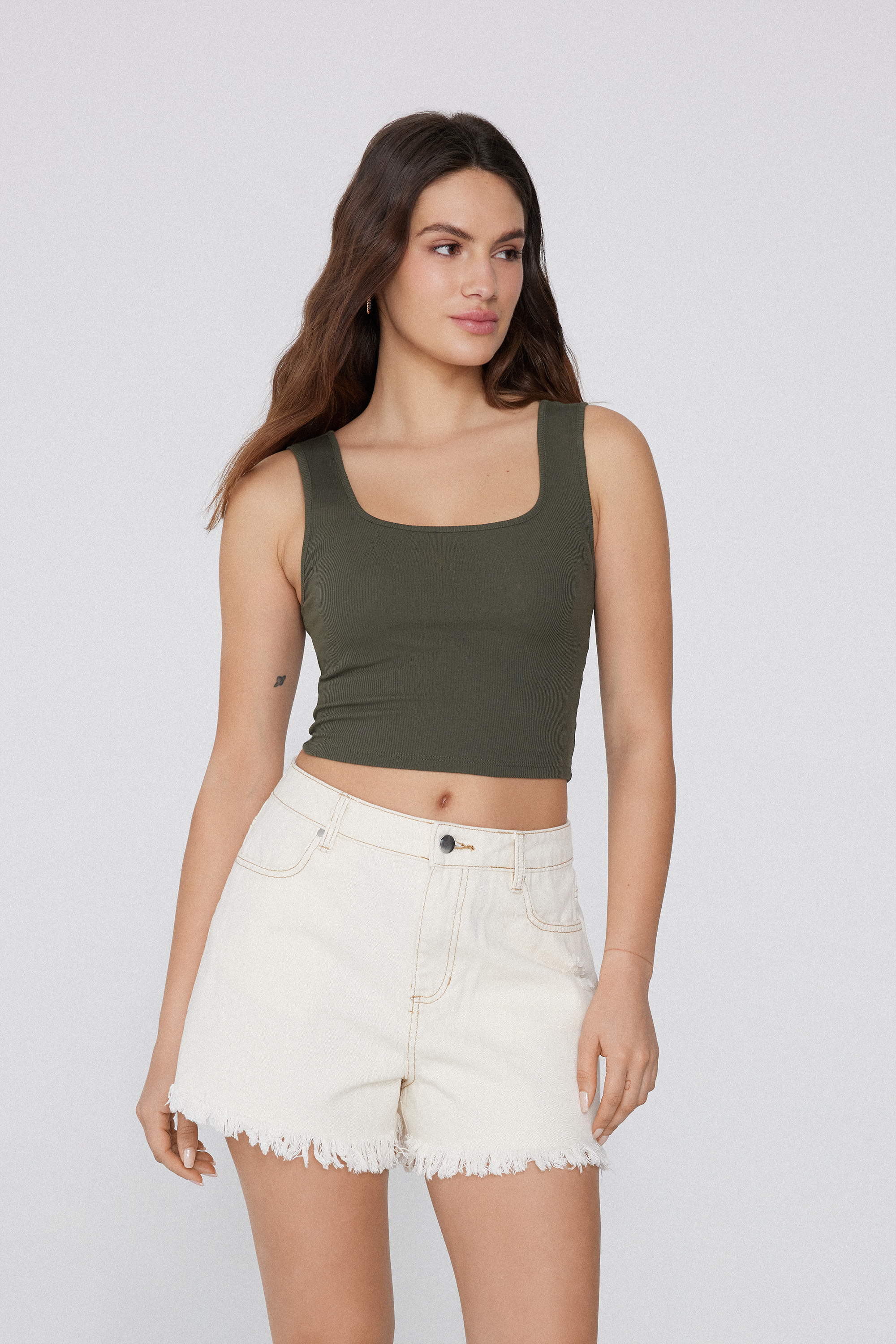 Ribbed Cotton Crop Top with Wide Shoulder Straps