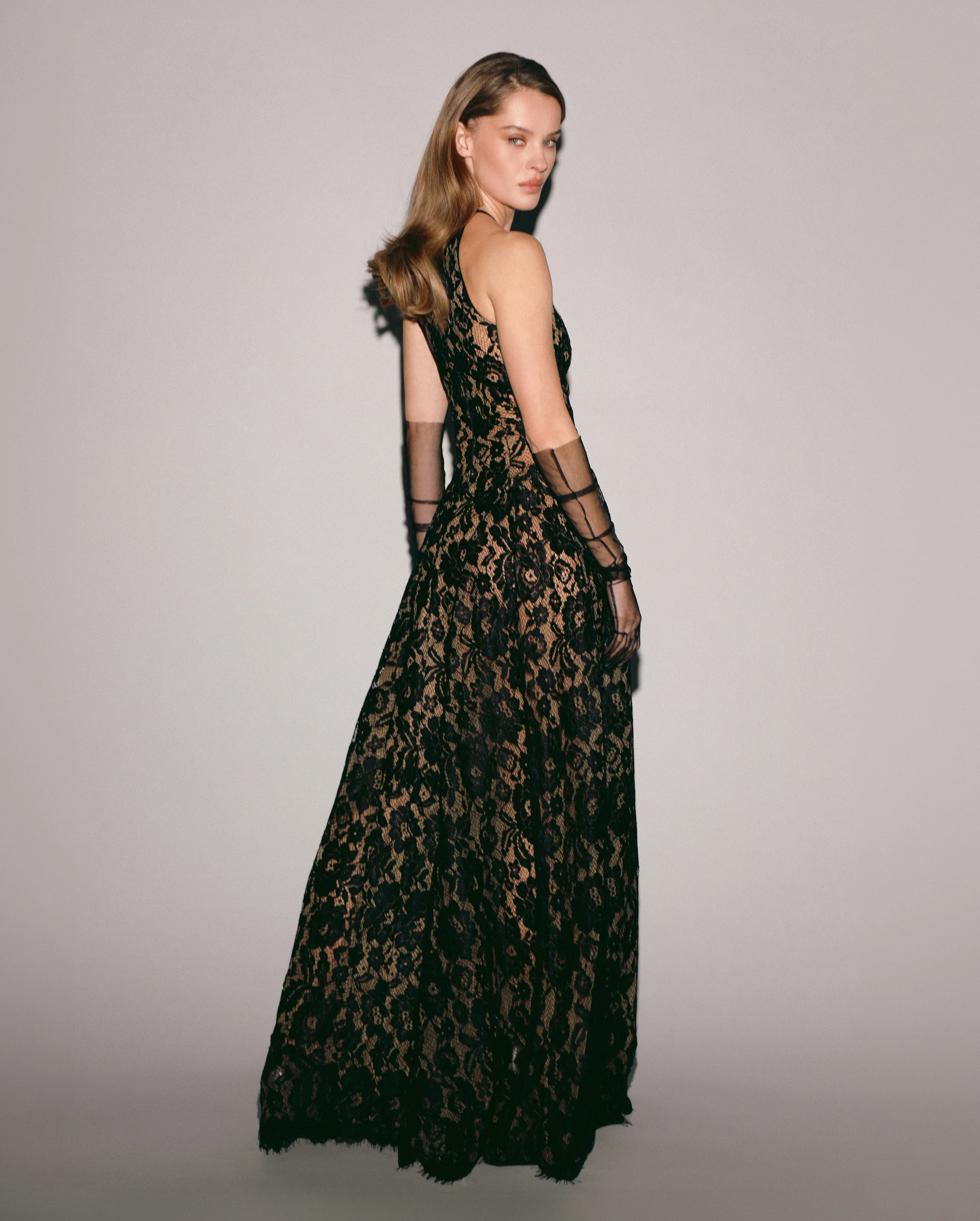 Black chantilly lace maxi dress
