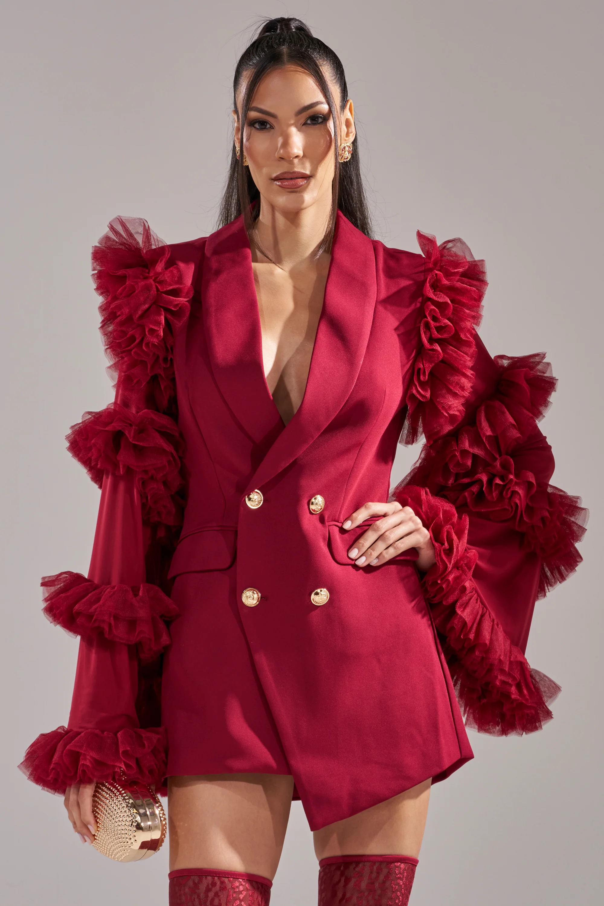 Living Over The Top Ruffle Sleeve Blazer Mini Dress In Burgundy