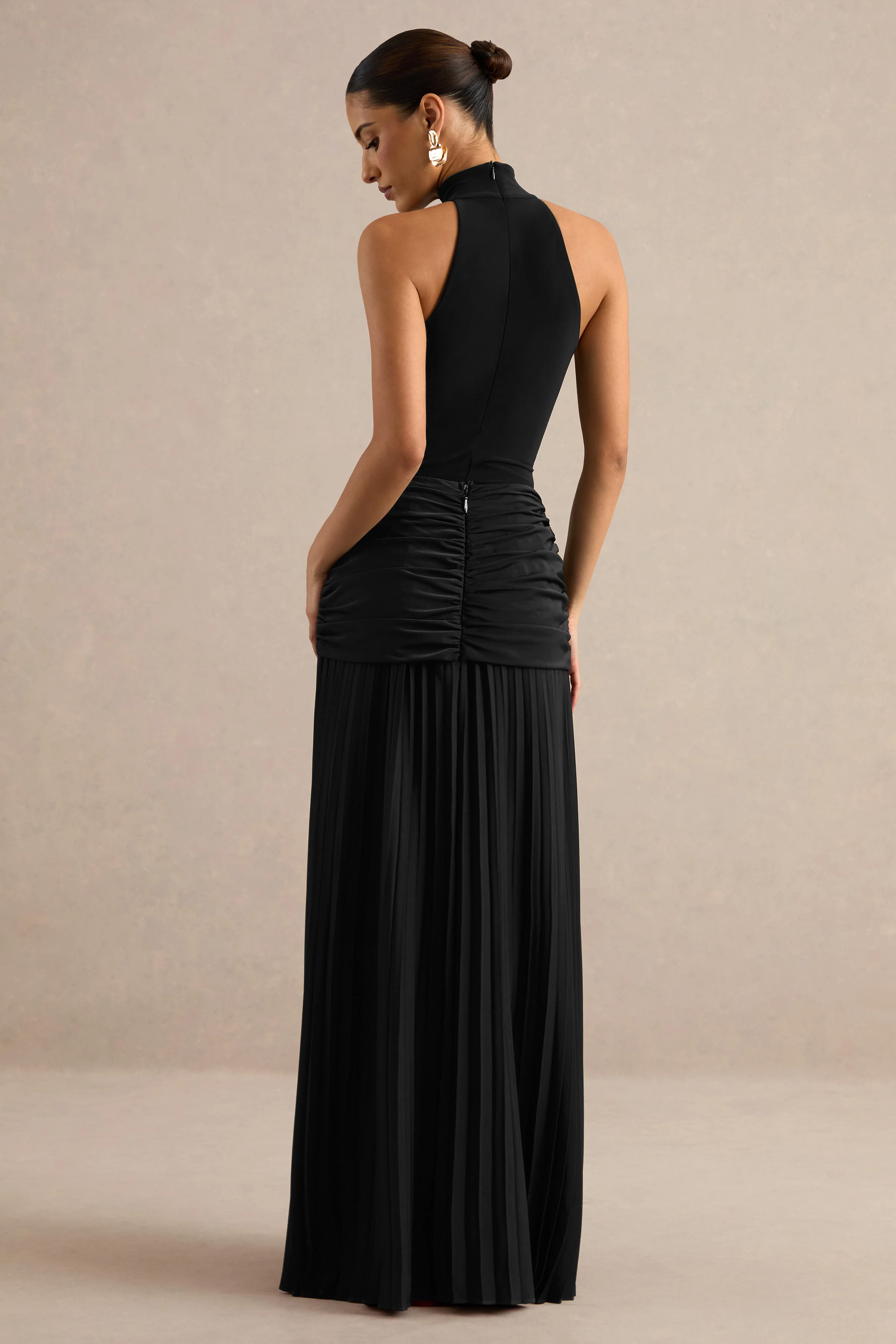 Galisse | Black Satin Mid Rise Pleated Maxi Skirt With Twist And Gathered Detailing