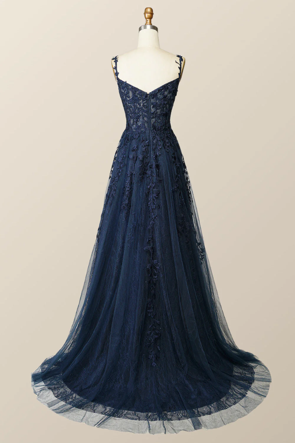 Navy Blue Lace Appliques A-line Long Formal Gown