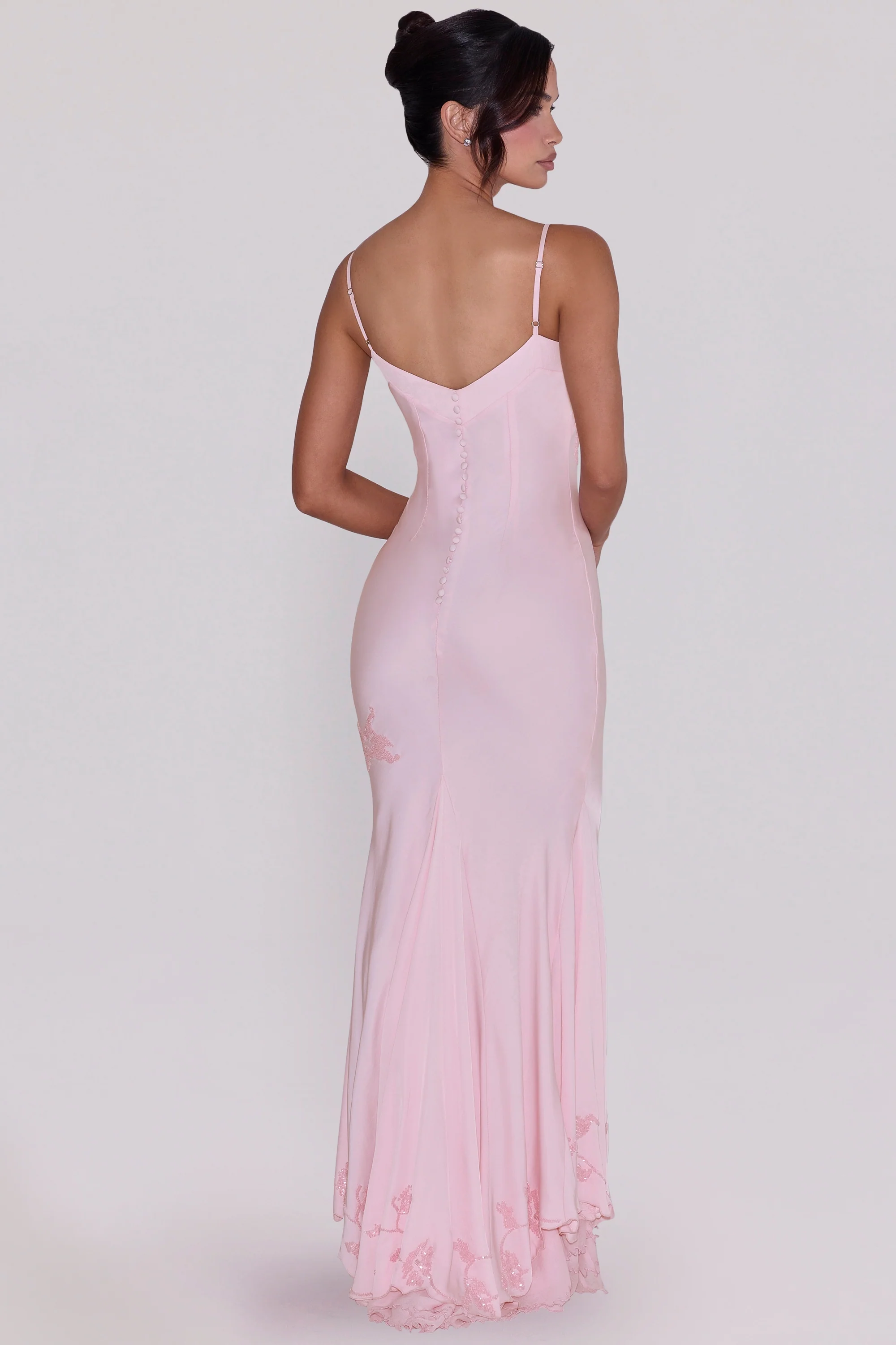 pink hand beaded embellished satin maxi dress