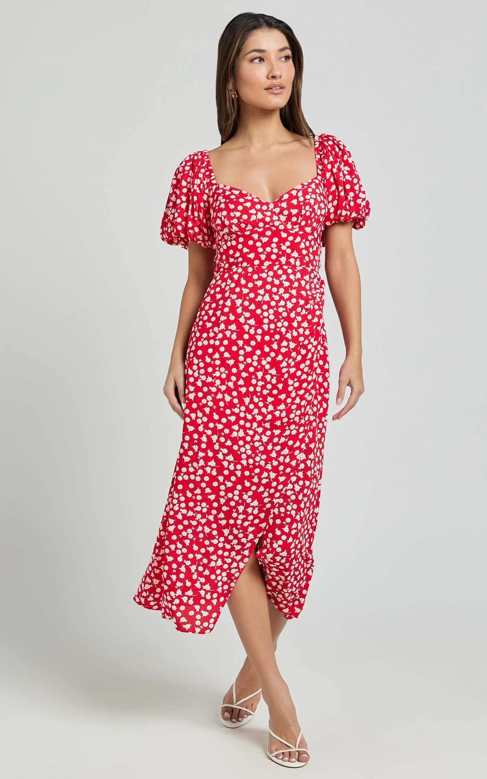 Carlyn Midi Dress - Sweetheart Puff Sleeve Wrap Dress in Red Floral