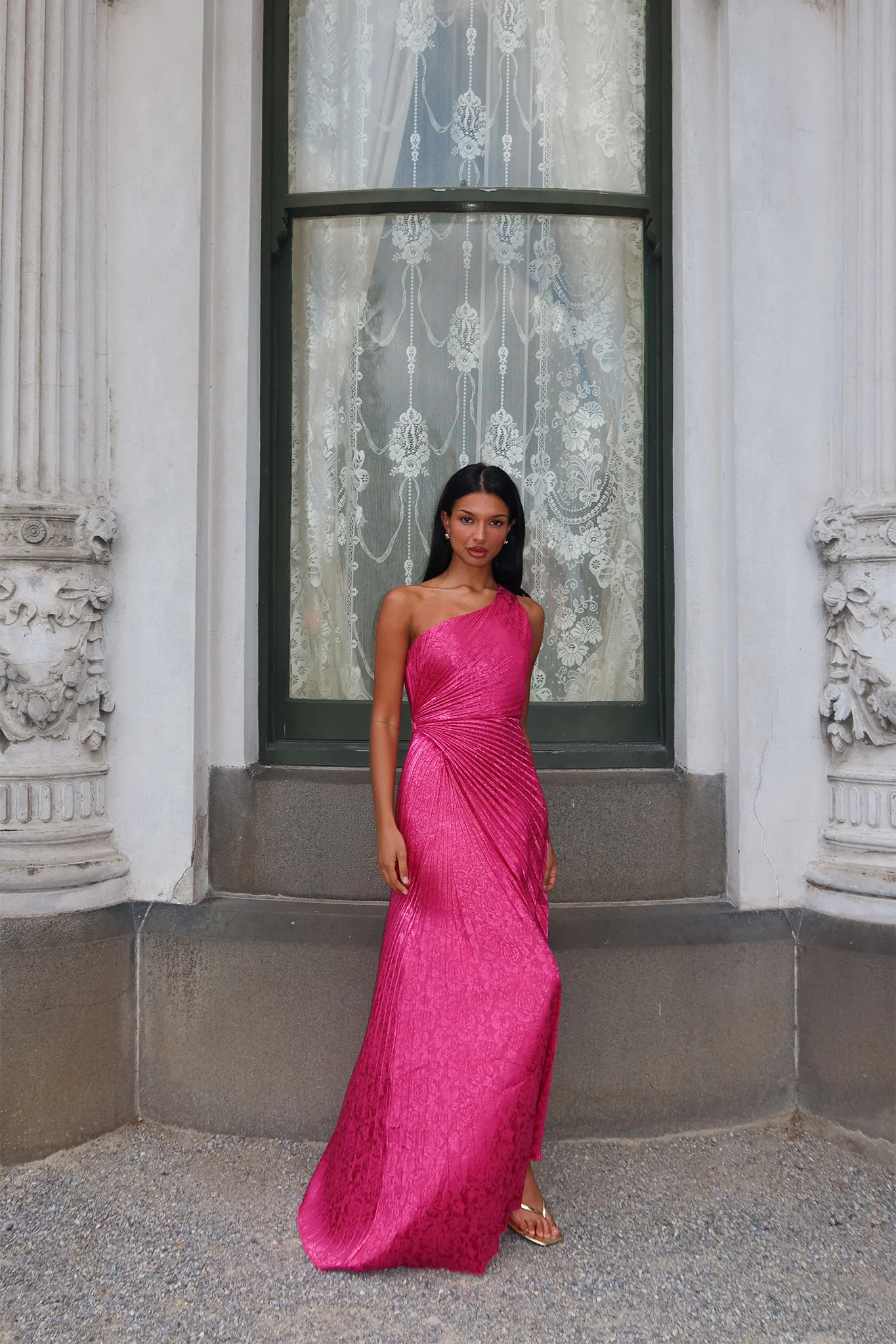Amelie One-Shoulder Accordion Pleat Maxi Dress Floral Fuchsia