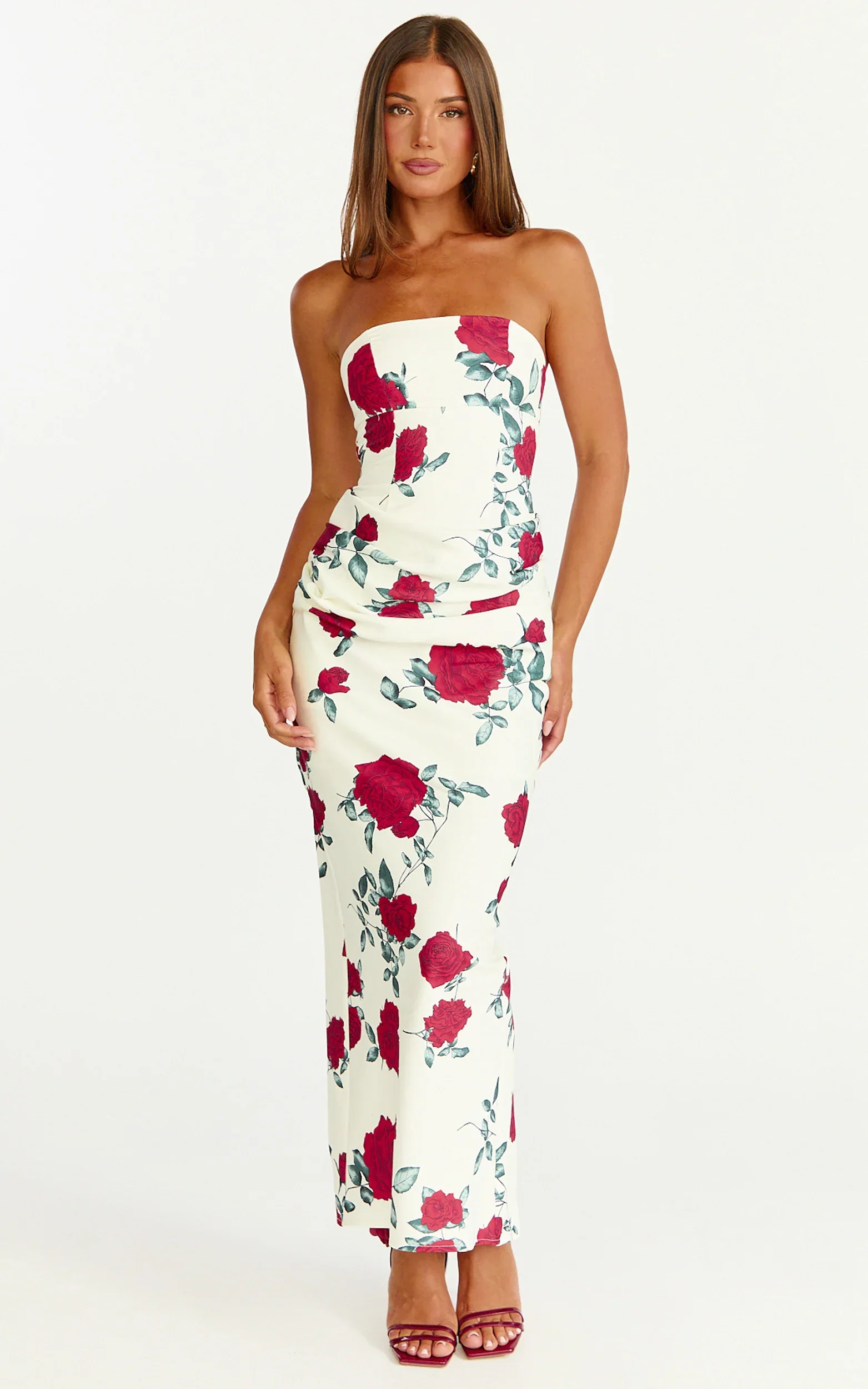Dahlia Midi Dress - Strapless Draped Cowl Waist Fitted Dress in Scarlet Rose Print