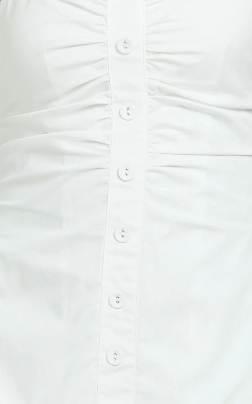 Monet Mini Dress - Button Down Ruched Front Fit And Flare Dress in Off White