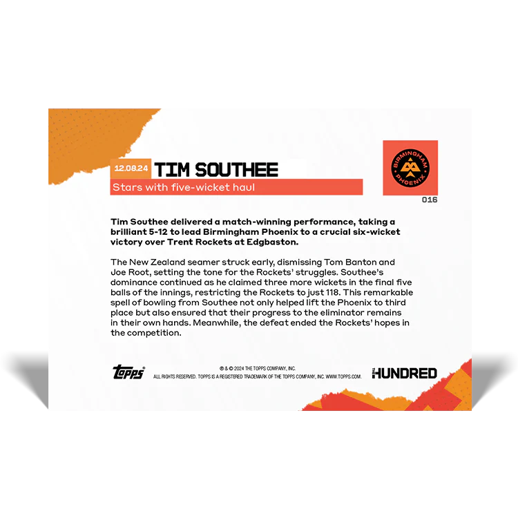 Tim Southee - Stars with five-wicket haul - 2024 The Hundred TOPPS NOW® Card 16