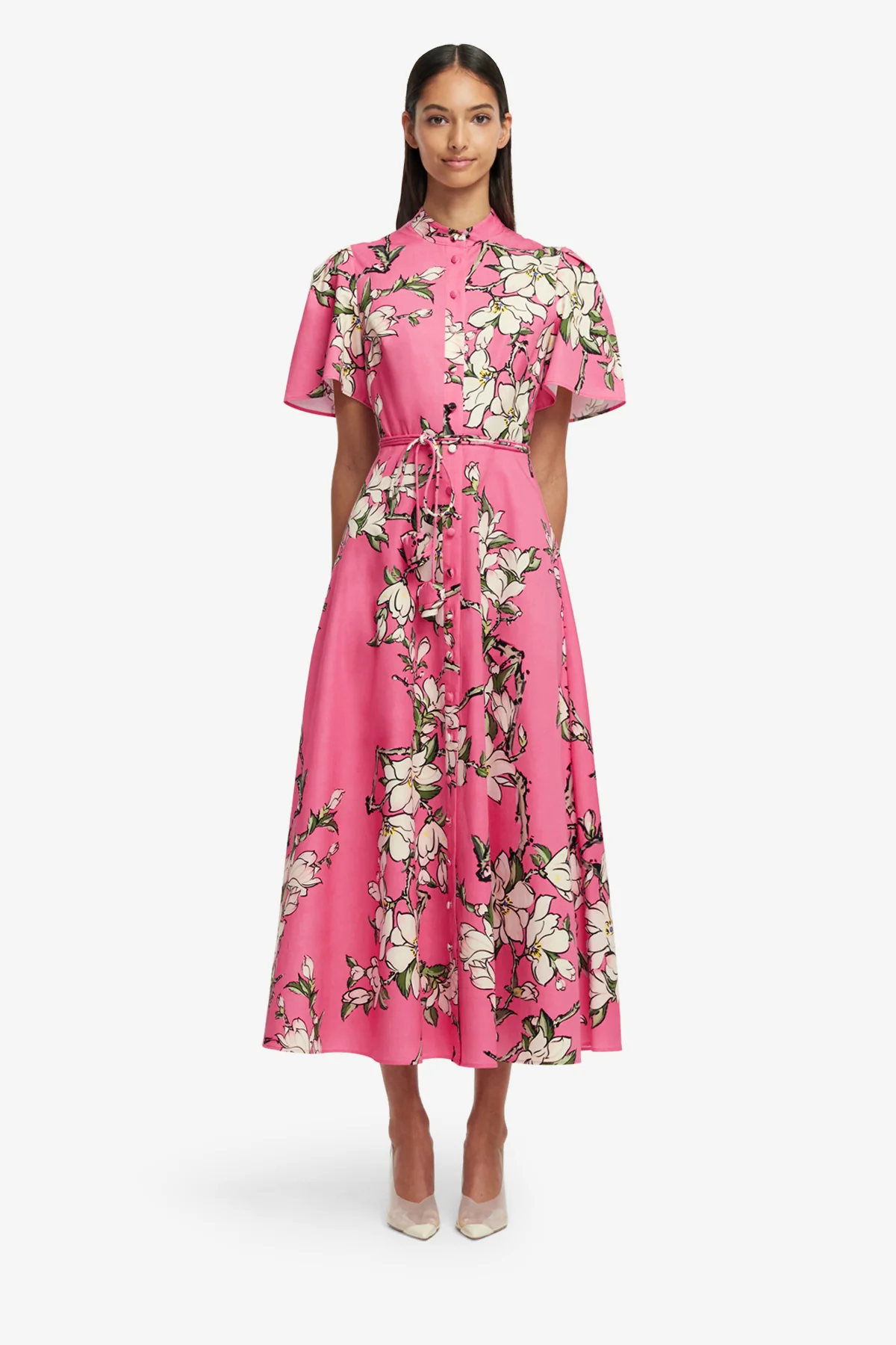 Bianca Short Sleeve Midi Dress - Pink Magnolia Print