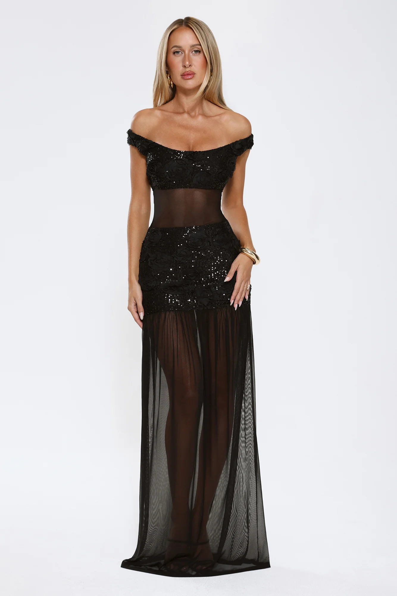 Radiance In The Dark Off Shoulder Sequin Maxi Dress Black