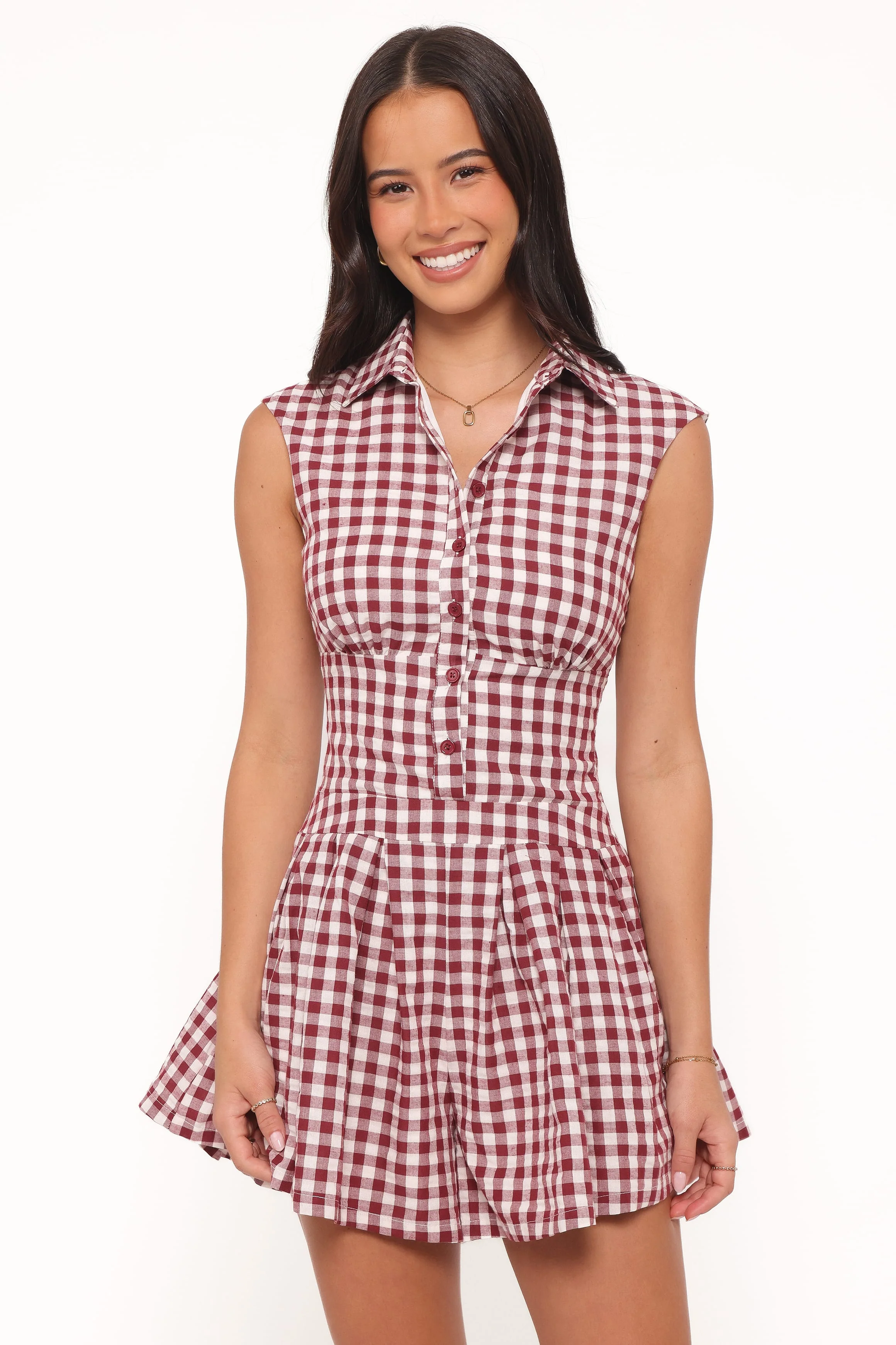 Helen Button Front Romper - Burgundy Gingham