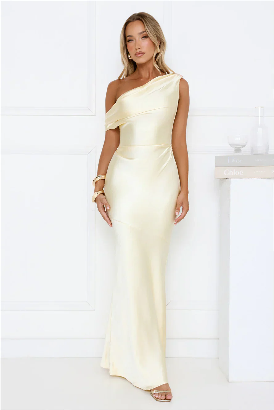 She’s A Dream Satin Off Shoulder Maxi Dress Yellow