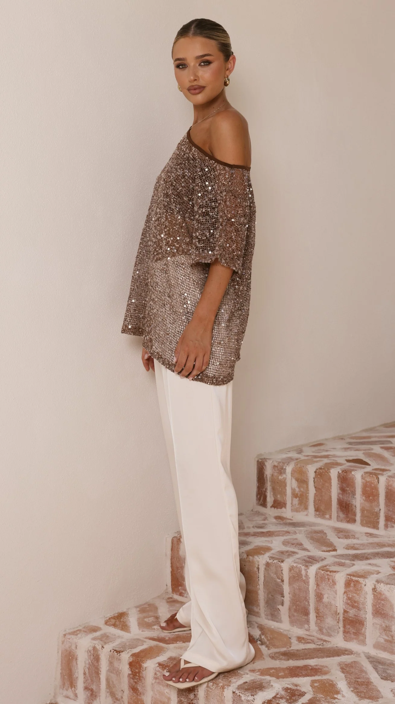 Zinnie Sequins Off Shoulder Top - Mocha