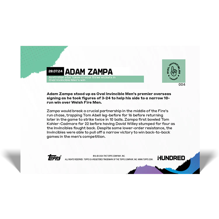 Adam Zampa - Australian star takes crucial three wickets in Oval Invincible Men’s win - 2024 The Hundred TOPPS NOW® Card 4 - PR:20