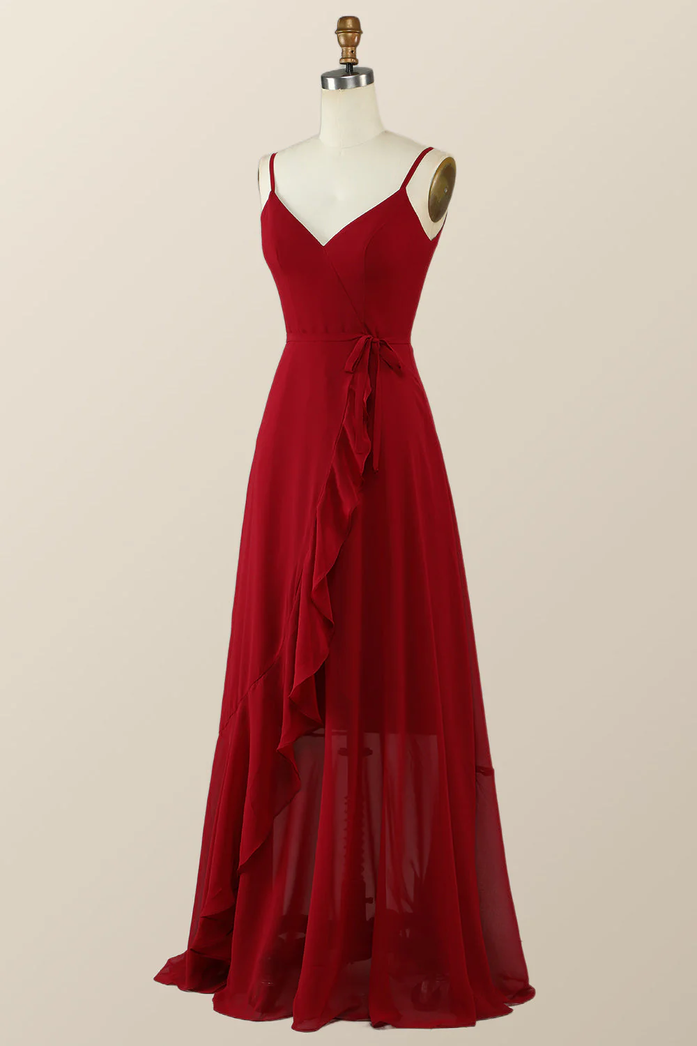 Straps Wine Red Chiffon Ruffle A-line Long Bridesmaid Dress