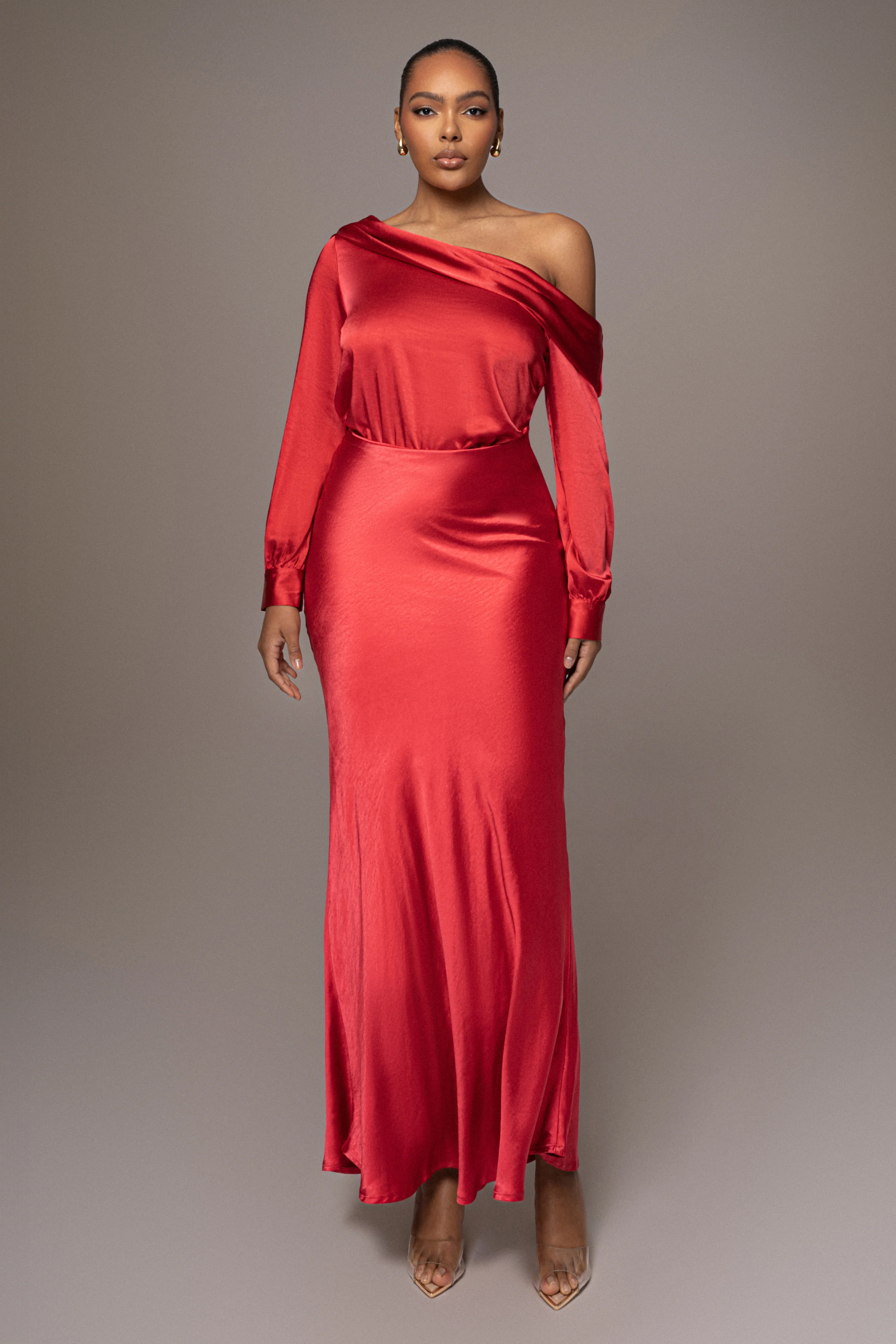 Red Satin Rima Asymmetrical Bodysuit