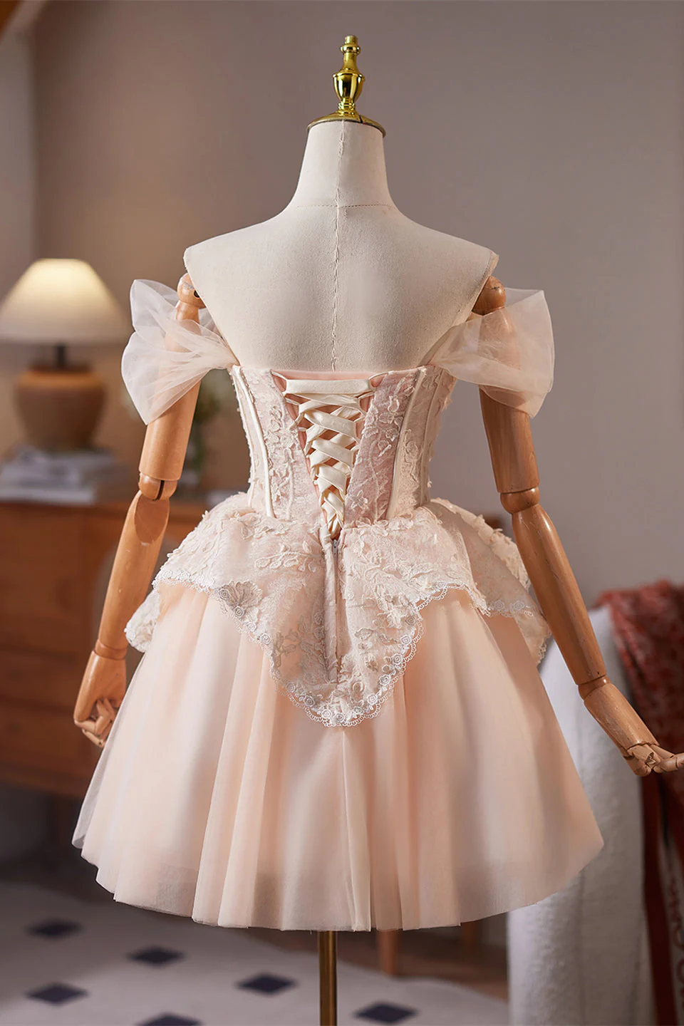 Off the Shoulder Champagne Ruffle Short Dress