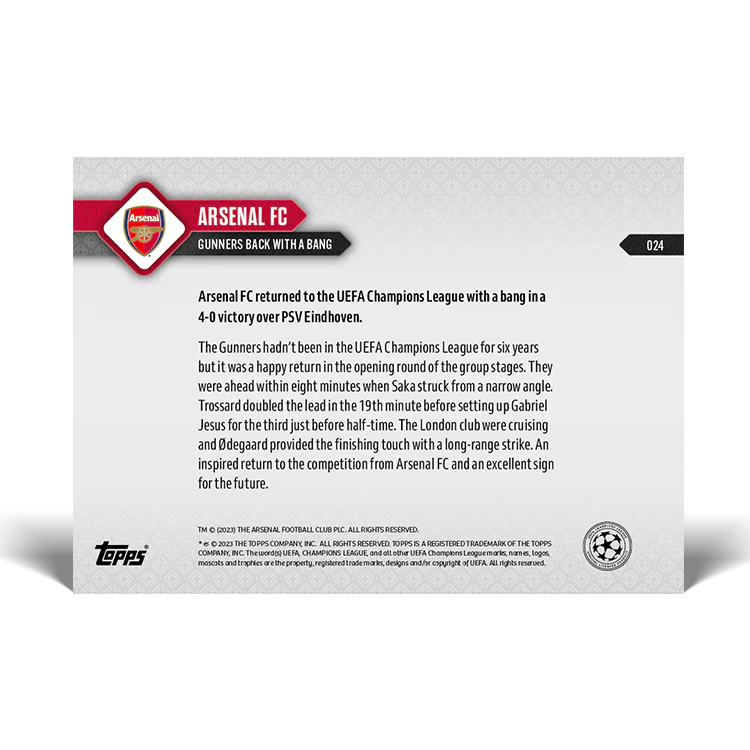 Topps UK - Arsenal FC - Gunners back with a bang - UCL TOPPS NOW® Card #24