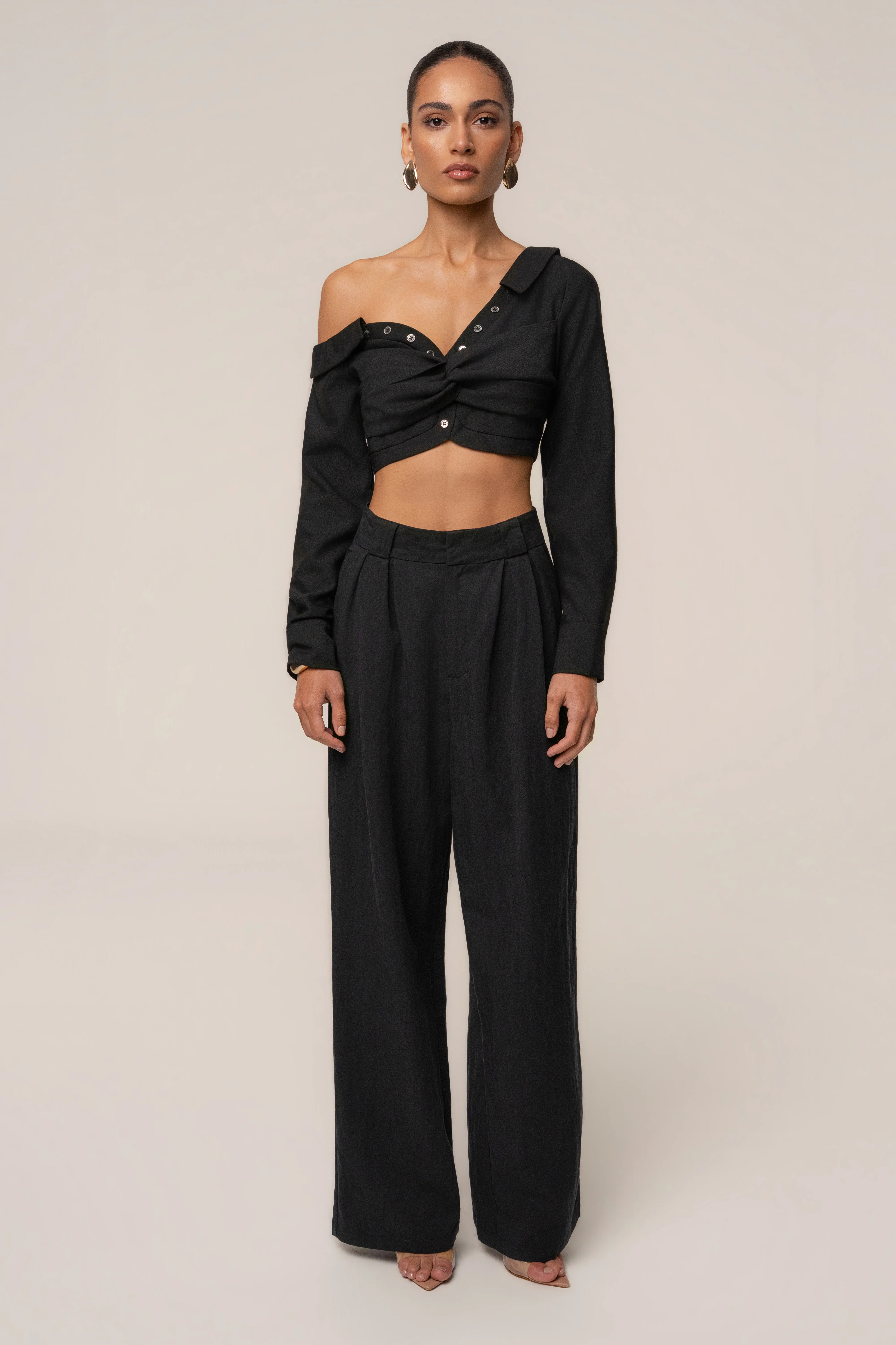 Black Off-Shoulder Twist Crop Top