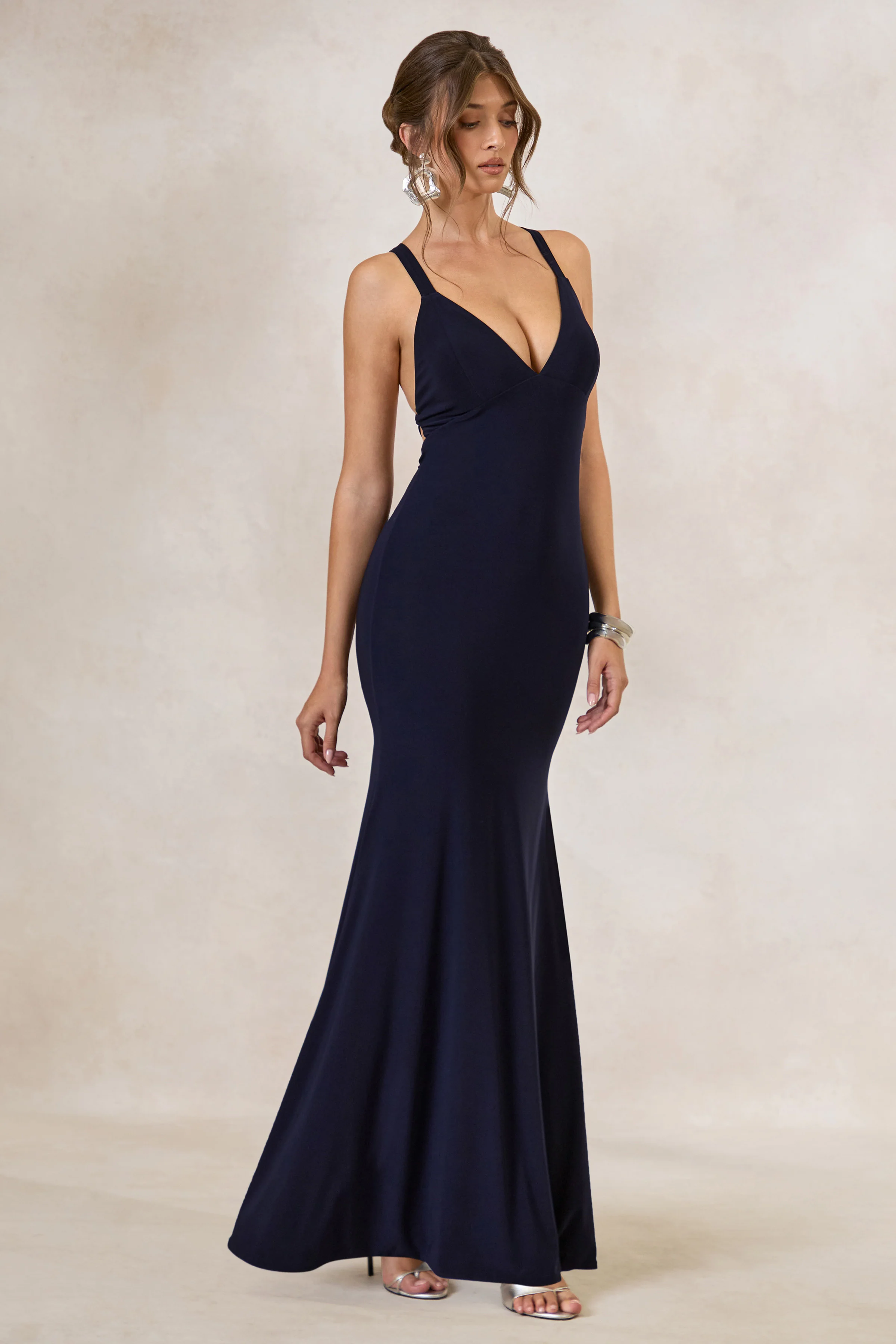 Goldiea | Navy Halter-Neck Fishtail Maxi Dress
