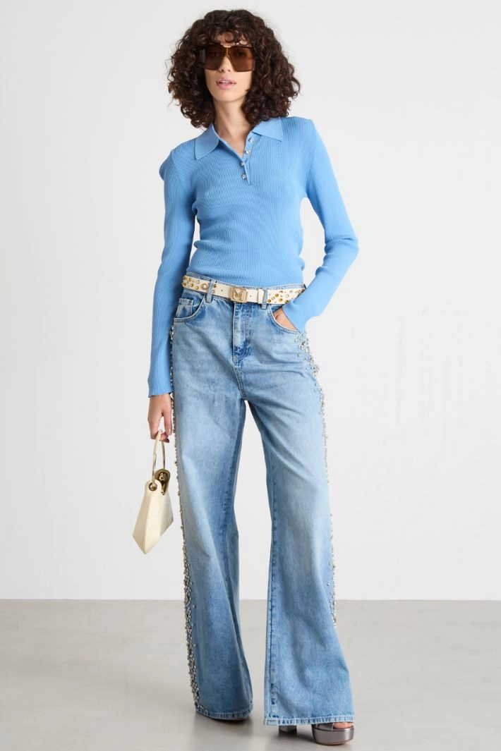 Rhinestone-embellished wide-leg jeans - LIGHT BLUE