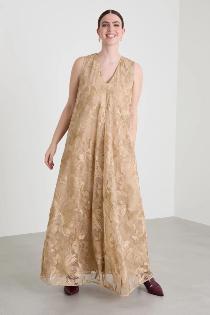 Long embroidered tulle dress - GOLD