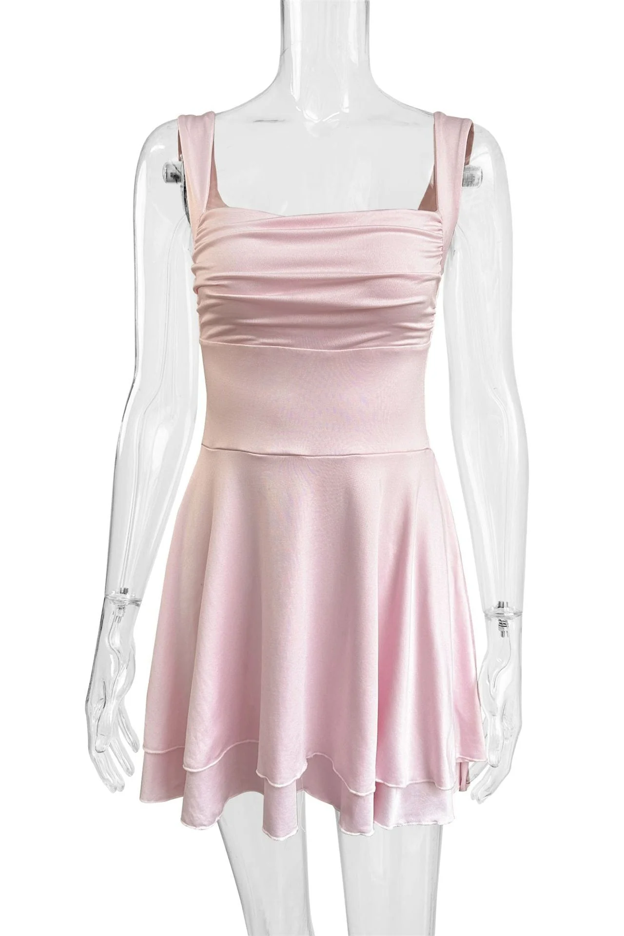 Square Neck Pink Tiered A-line Short Dress