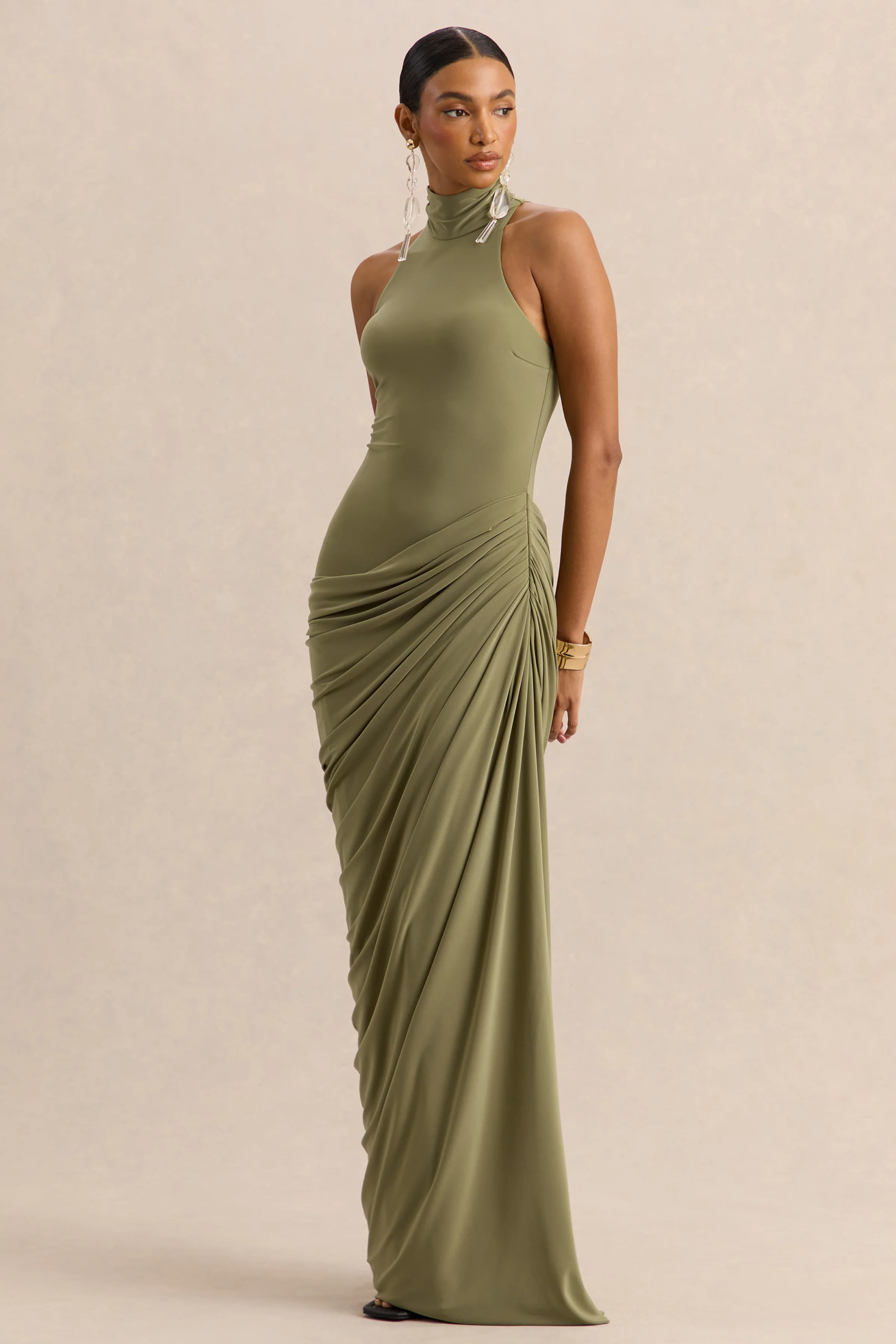 Junelia | Olive Jersey Ruched High Neck Maxi Dress With Draped Skirt