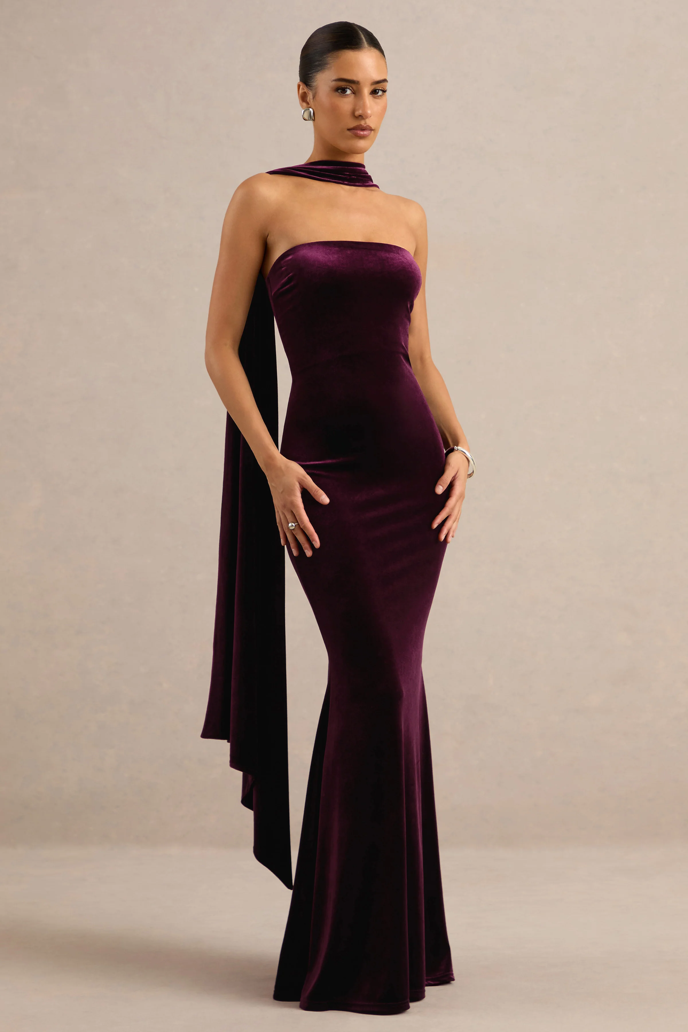 Vesperine | Purple Velvet Bandeau Maxi Dress With Back Split And Scarf Detail