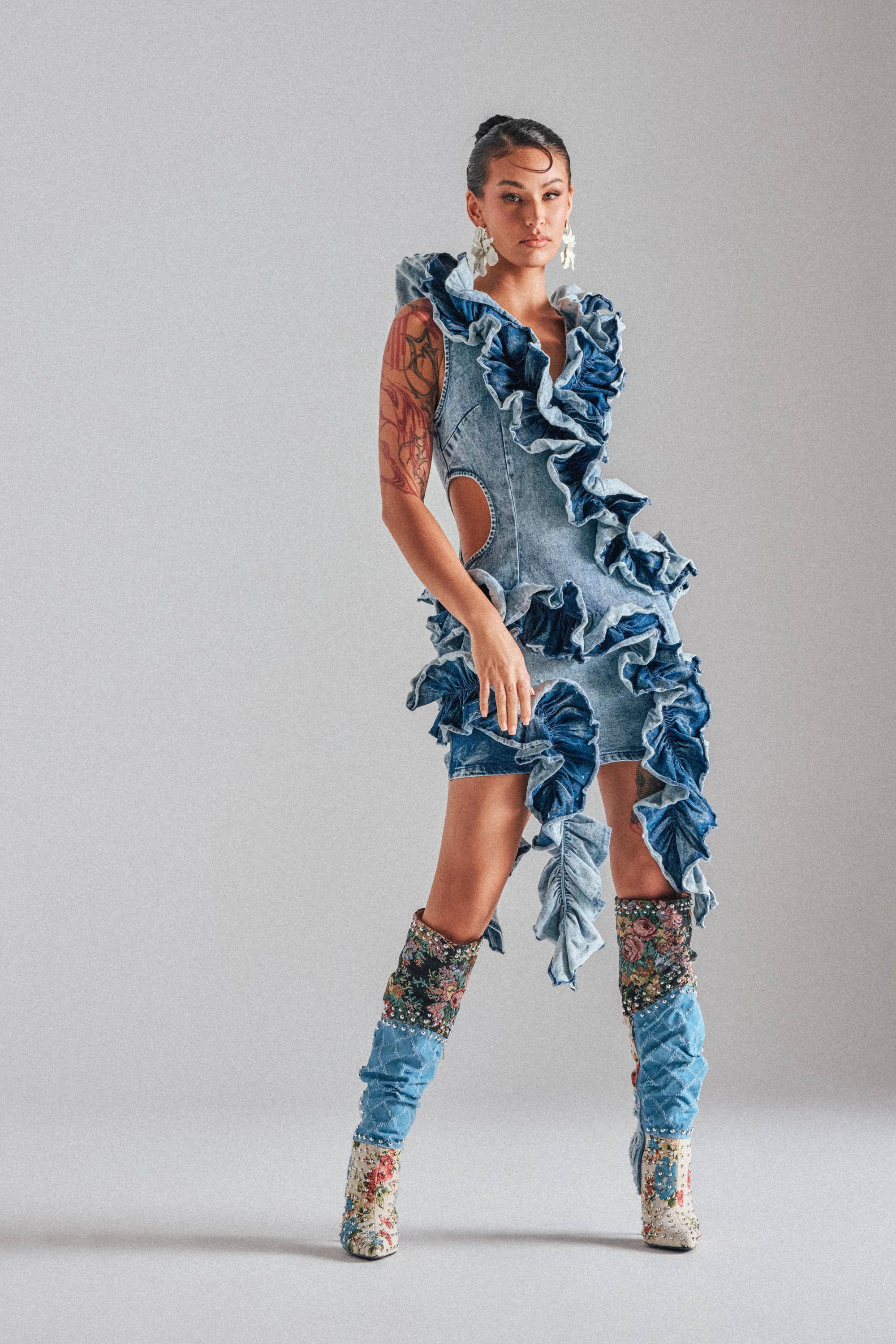 Say It Again Ruffled Denim Mini Dress